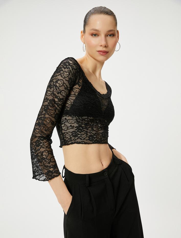  Kısa Dantel Tişört Derin Yuvarlak Yaka Uzun Kollu