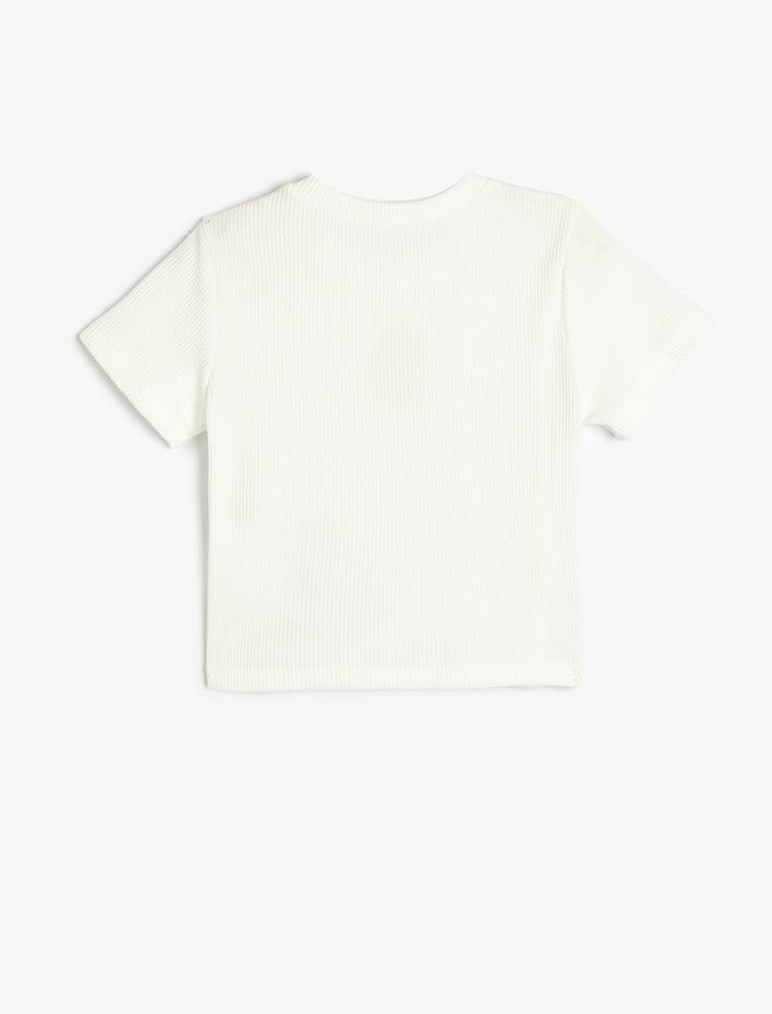 Kız Çocuk Crop Tişört Ananas Detaylı Pencereli Bisiklet Yaka Kısa Kollu