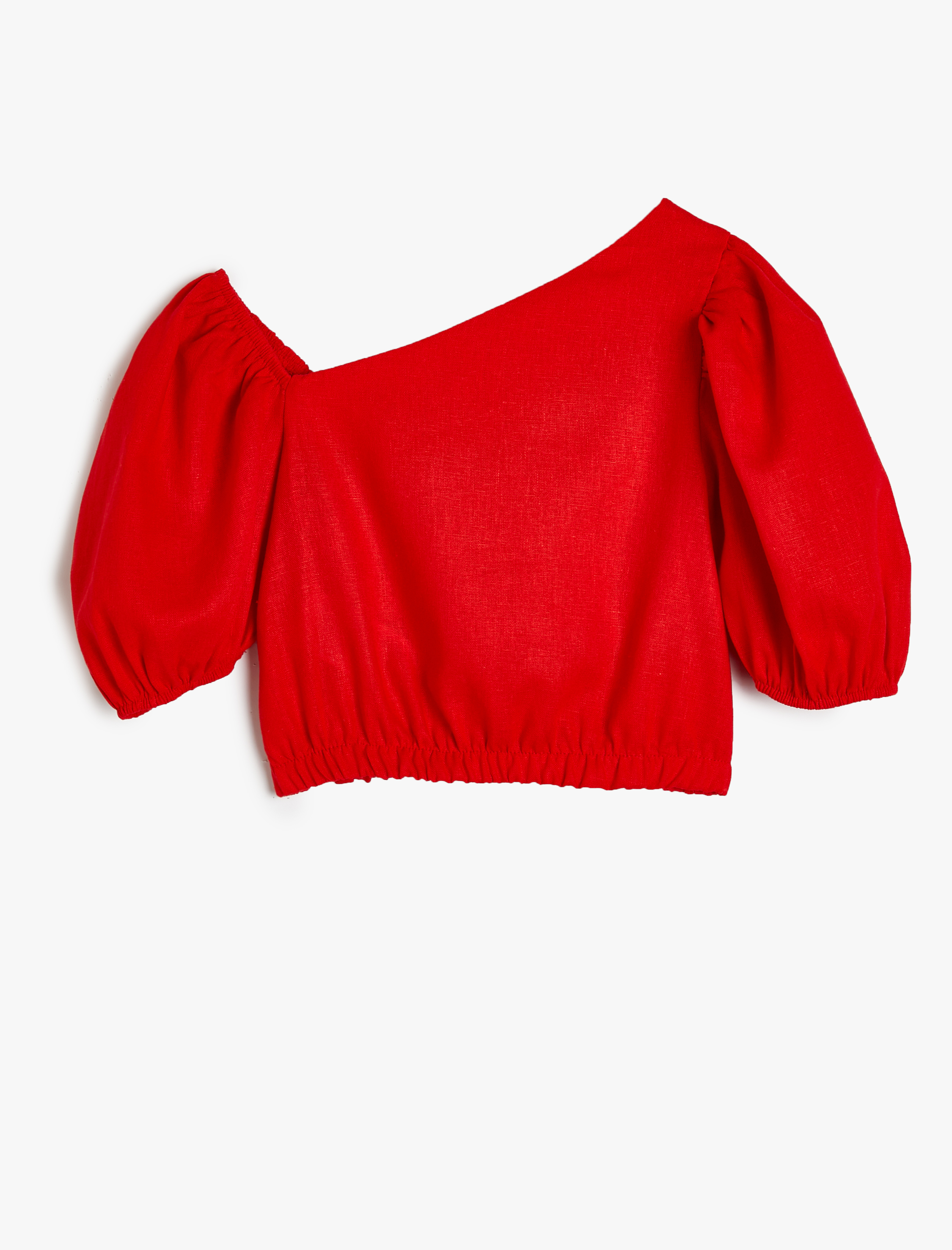  Kız Çocuk Crop Keten Bluz Balon Kollu Asimetrik Yaka