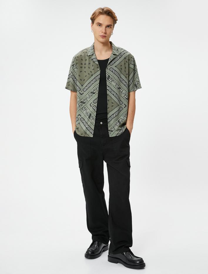  Vintage Gömlek Kısa Kollu Devrik Yaka Viskon Karışımlı Regular Fit