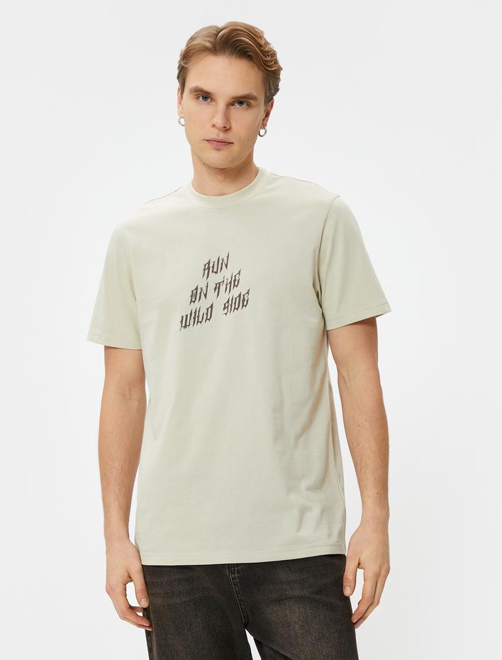  Slogan Baskılı Tişört Bisiklet Yaka Kısa Kollu Pamuklu