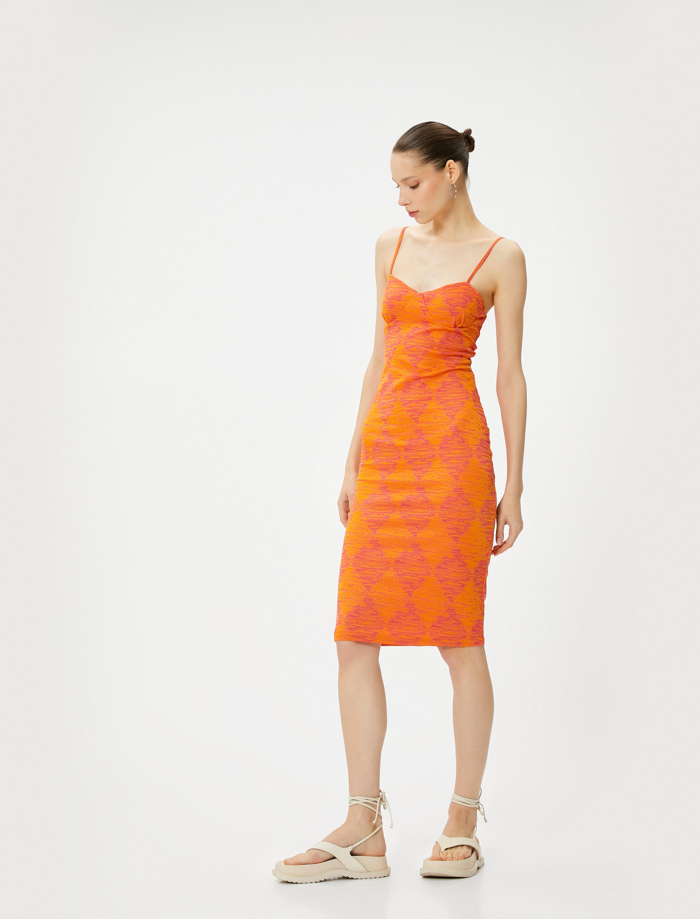   Askılı Midi Kalem Elbise Dokuma Geometrik Desenli