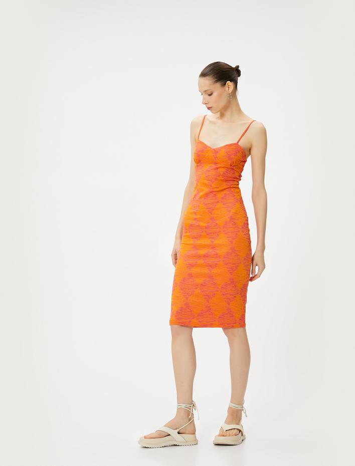  Askılı Midi Kalem Elbise Dokuma Geometrik Desenli