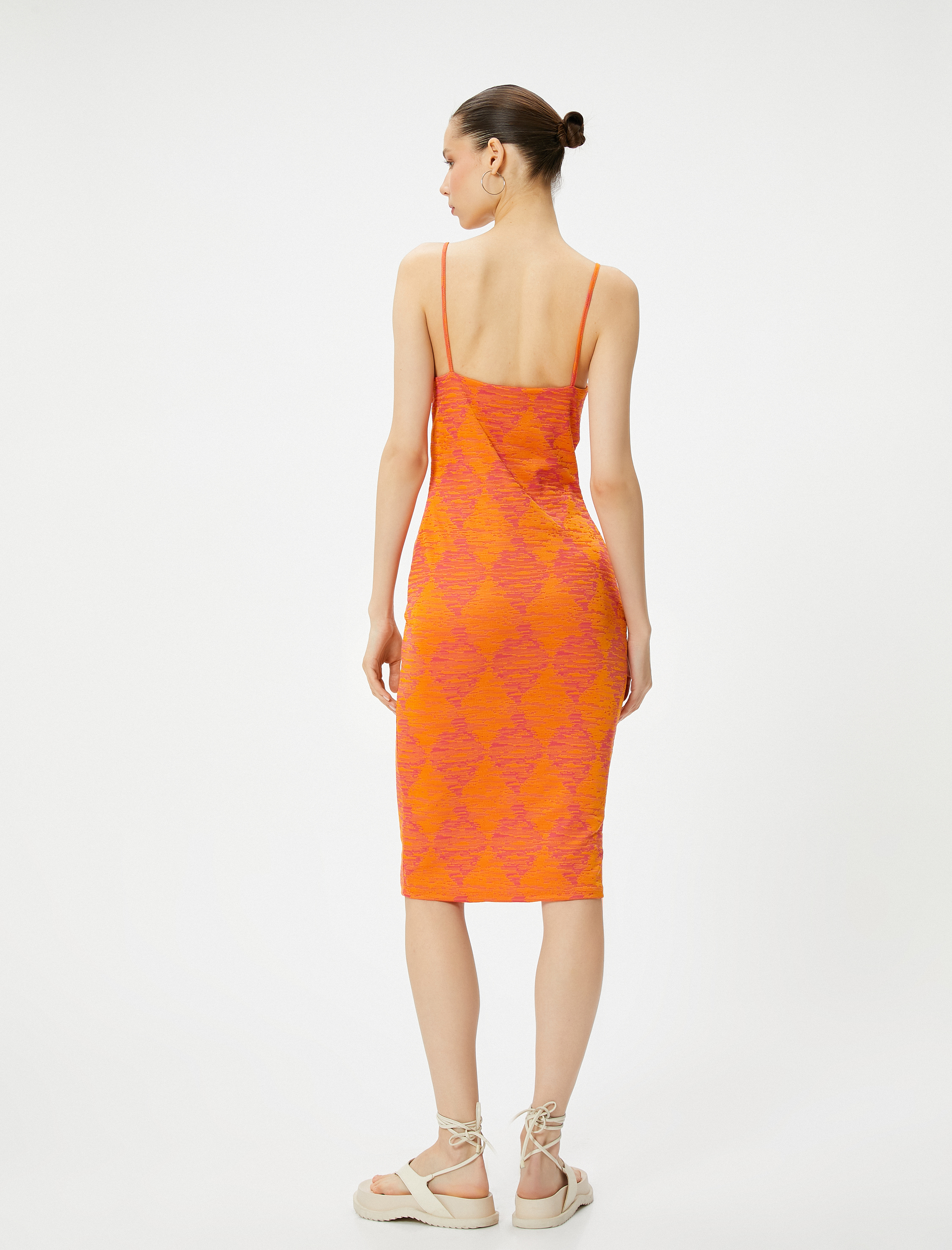   Askılı Midi Kalem Elbise Dokuma Geometrik Desenli