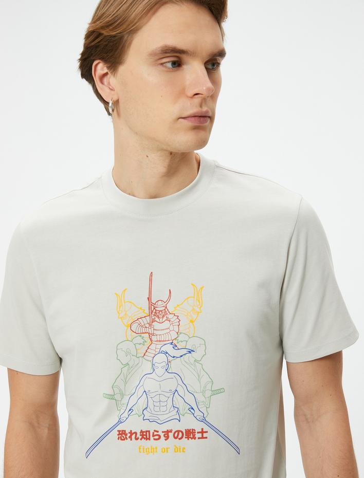  Uzakdoğu Baskılı Tişört Bisiklet Yaka Kısa Kollu Pamuklu