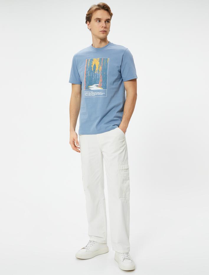  Manzara Baskılı Tişört Bisiklet Yaka Kısa Kollu Pamuklu