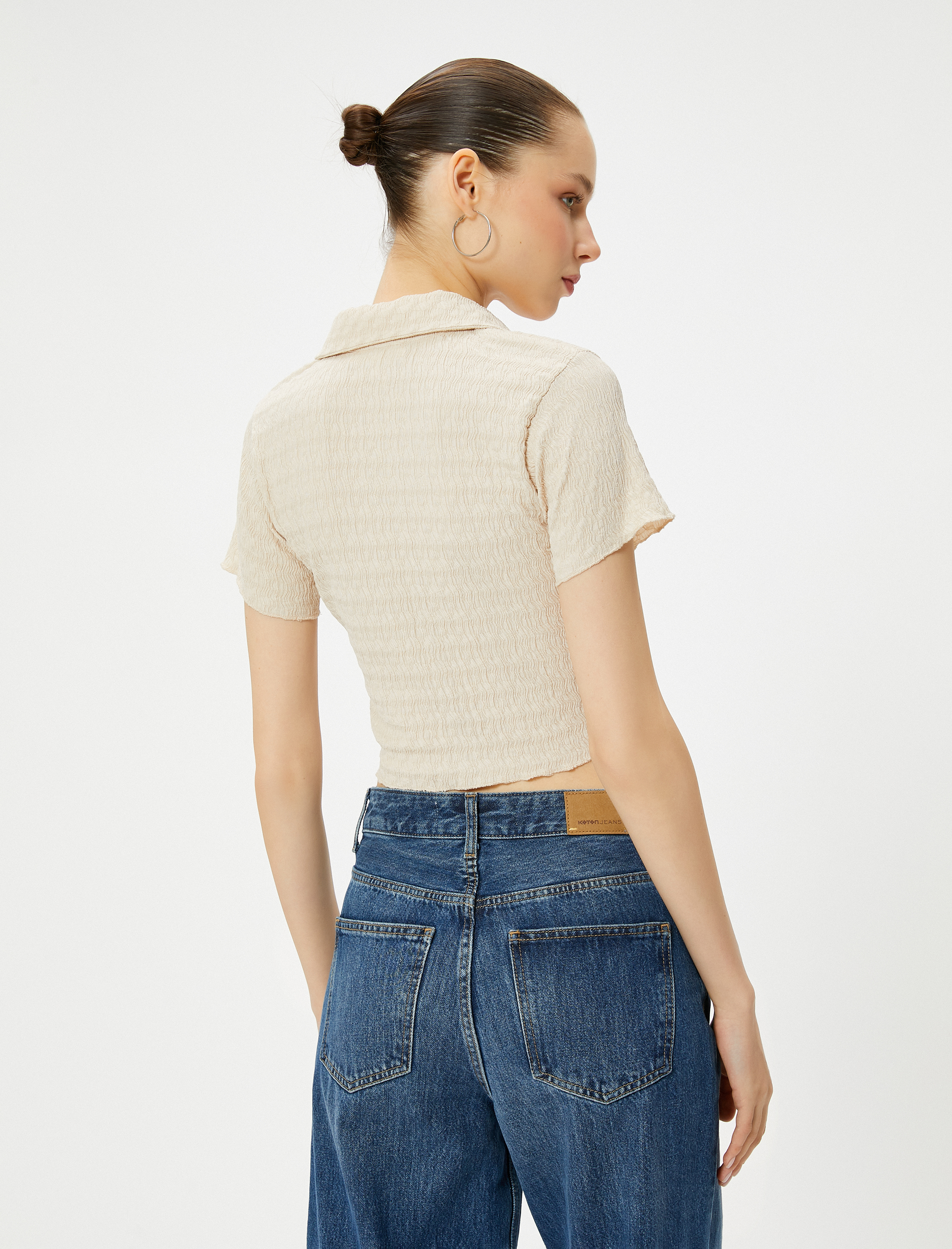   Crop Polo Yaka Tişört Önden Büzgülü Bağlamalı Dokulu Bürümcük