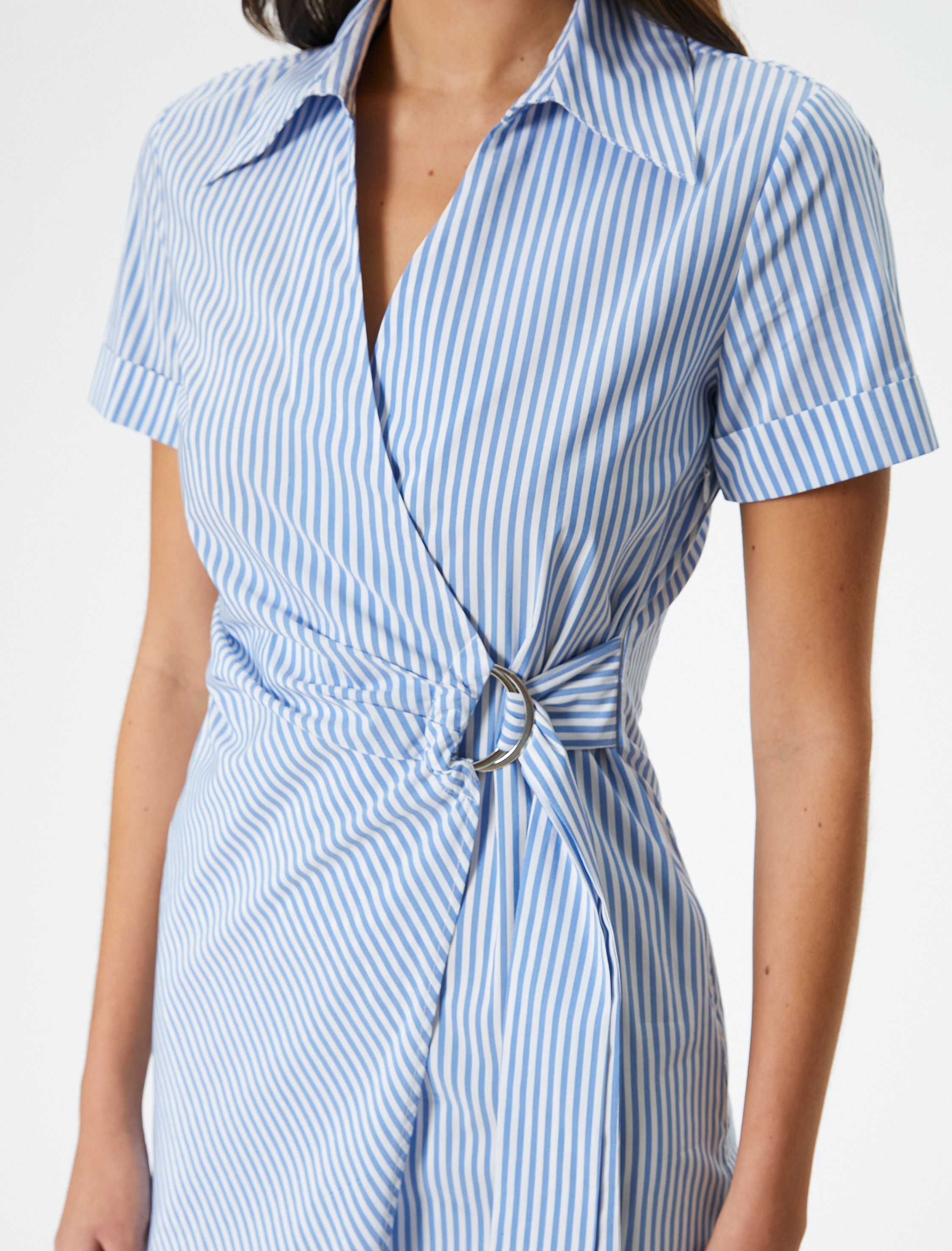   Midi Poplin Gömlek Elbise Kruvaze Kemerli Kısa Kollu