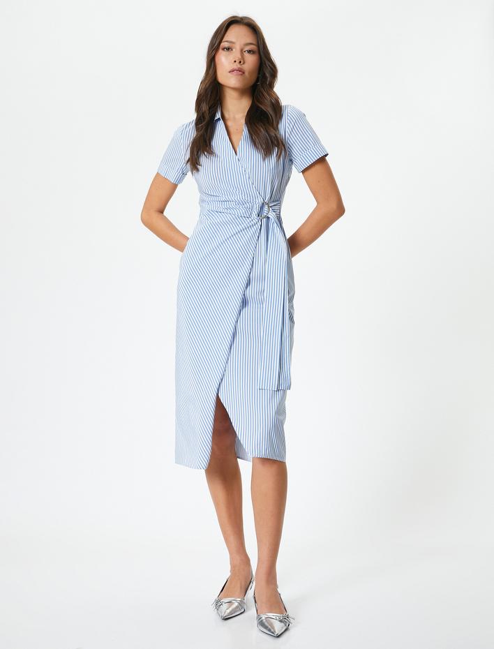  Midi Poplin Gömlek Elbise Kruvaze Kemerli Kısa Kollu