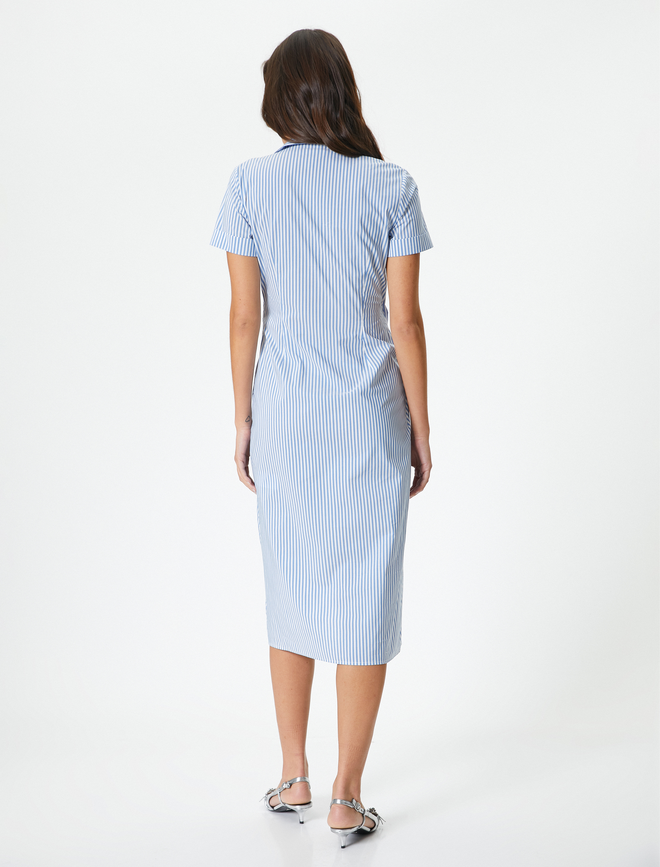   Midi Poplin Gömlek Elbise Kruvaze Kemerli Kısa Kollu