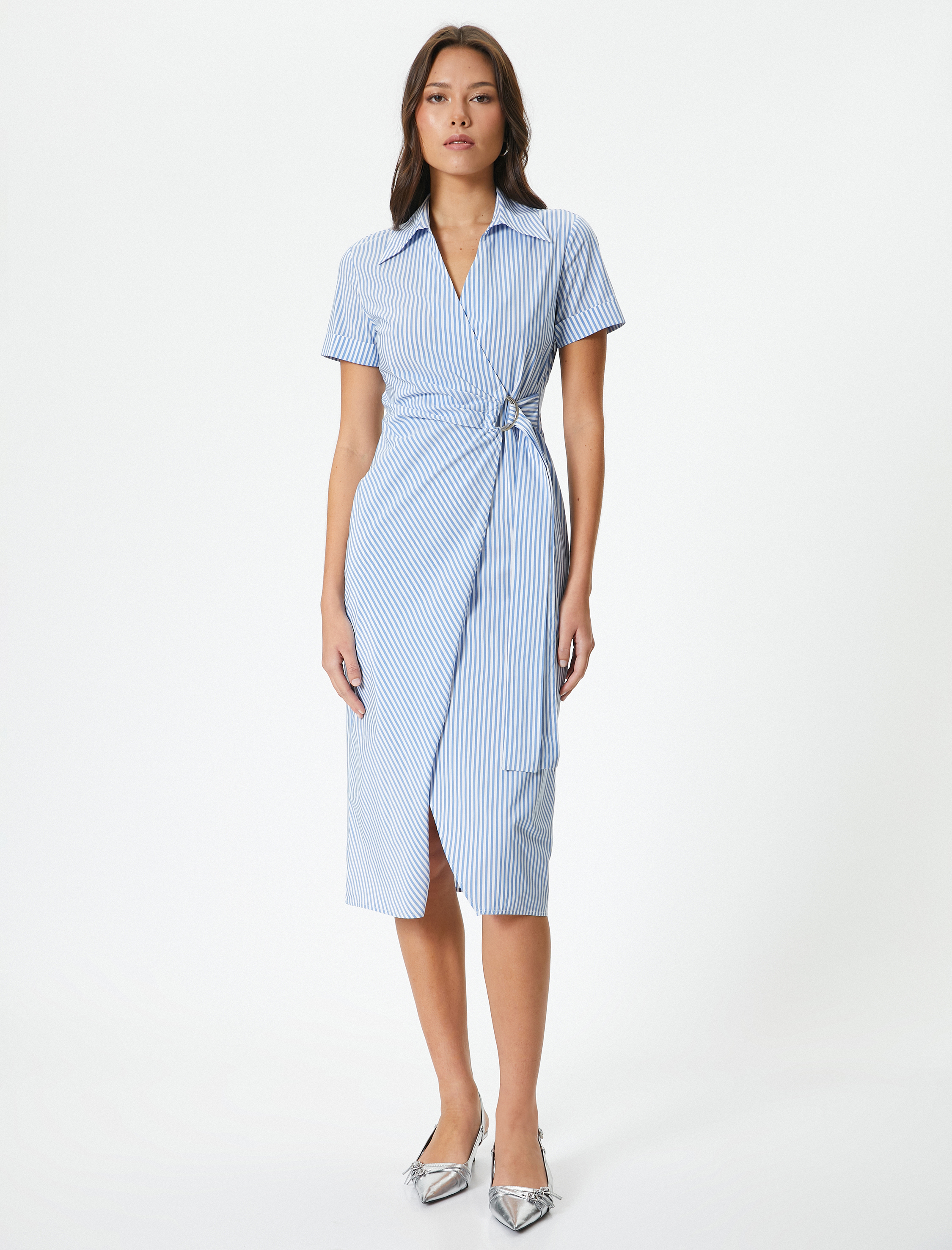   Midi Poplin Gömlek Elbise Kruvaze Kemerli Kısa Kollu