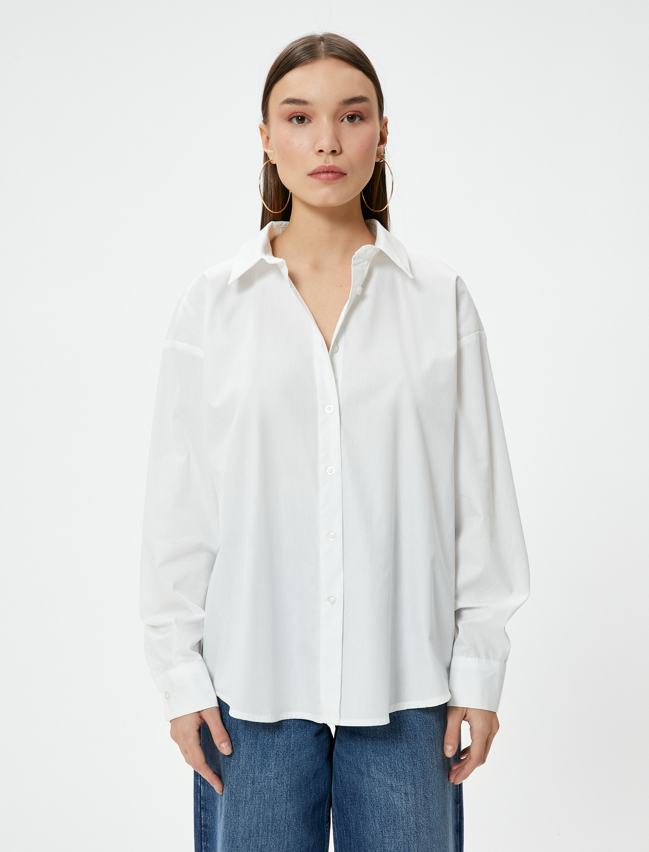   Arkası Pencere Detaylı Oversize Gömlek Bağcıklı Uzun Kollu Pamuklu