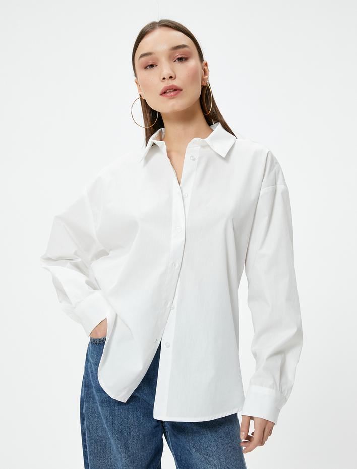  Arkası Pencere Detaylı Oversize Gömlek Bağcıklı Uzun Kollu Pamuklu