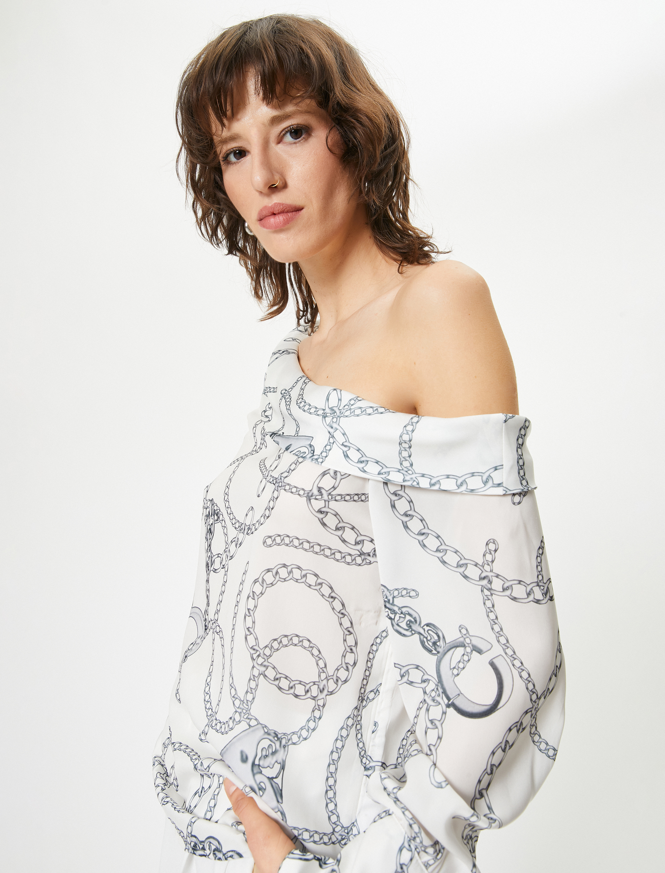   Degaje Yaka Bluz Şal Desenli Uzun Kollu