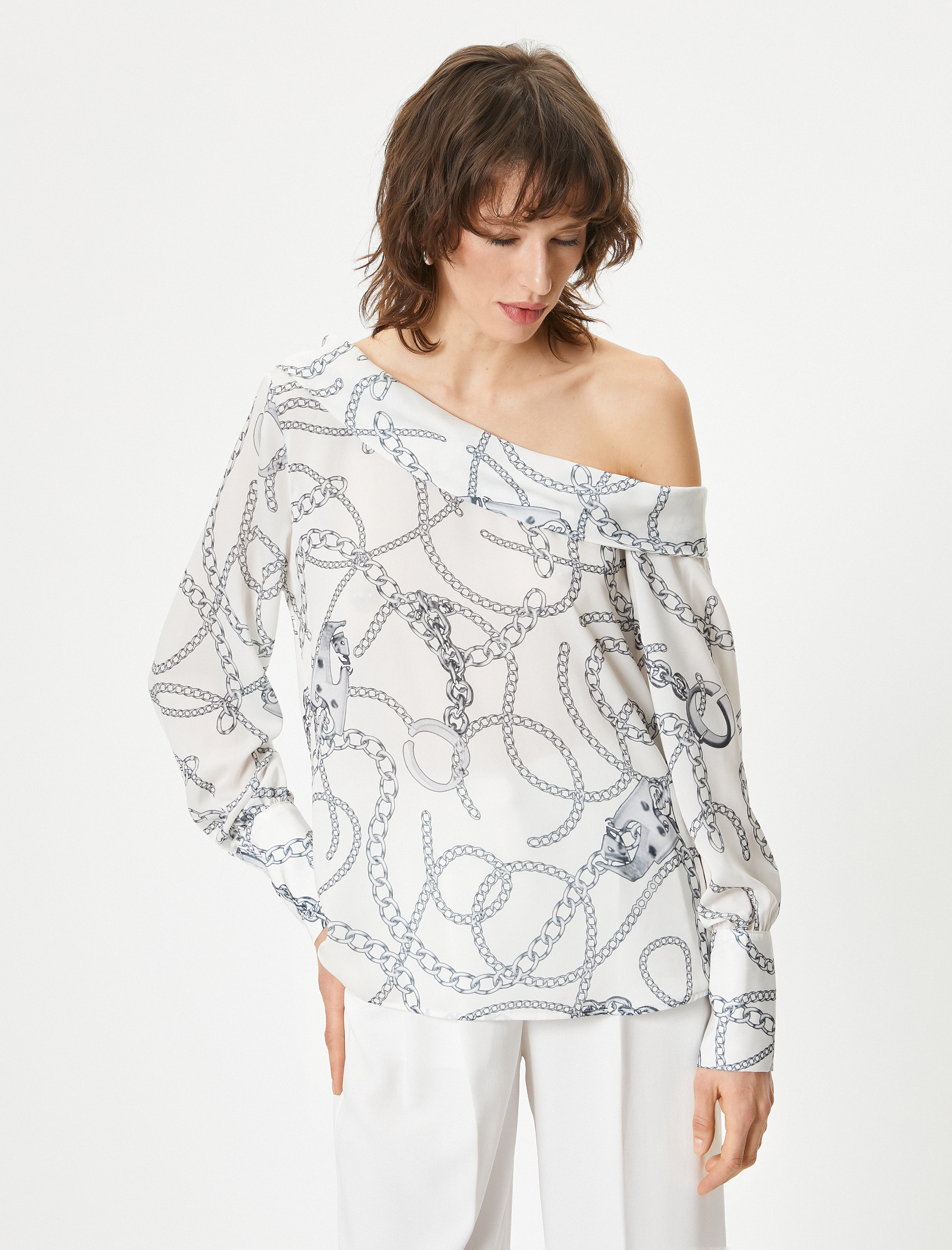   Degaje Yaka Bluz Şal Desenli Uzun Kollu