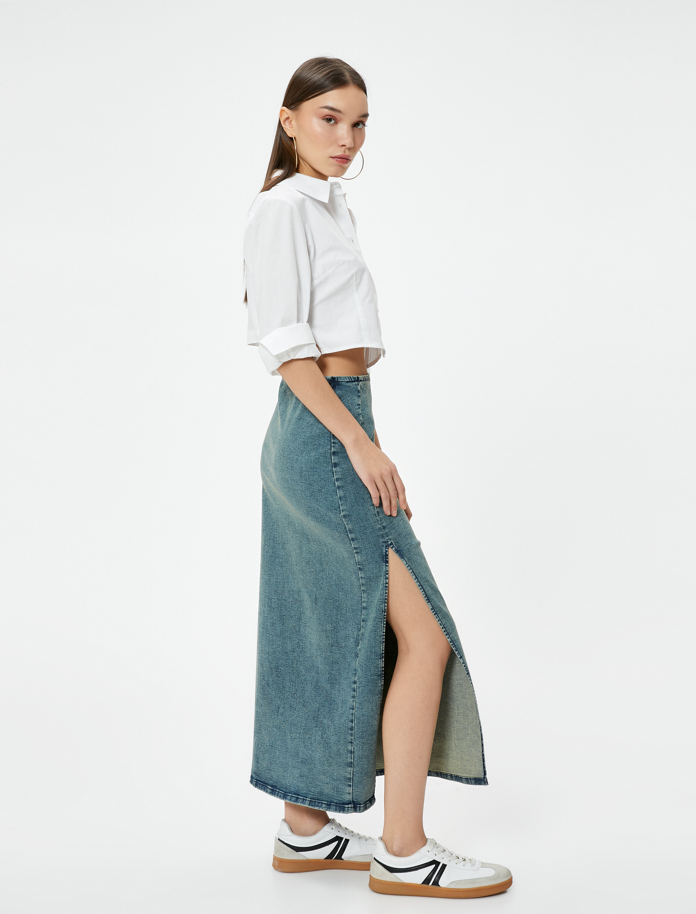   Uzun Kot Etek Yandan Yırtmaç Detaylı Yüksek Bel Pamuklu