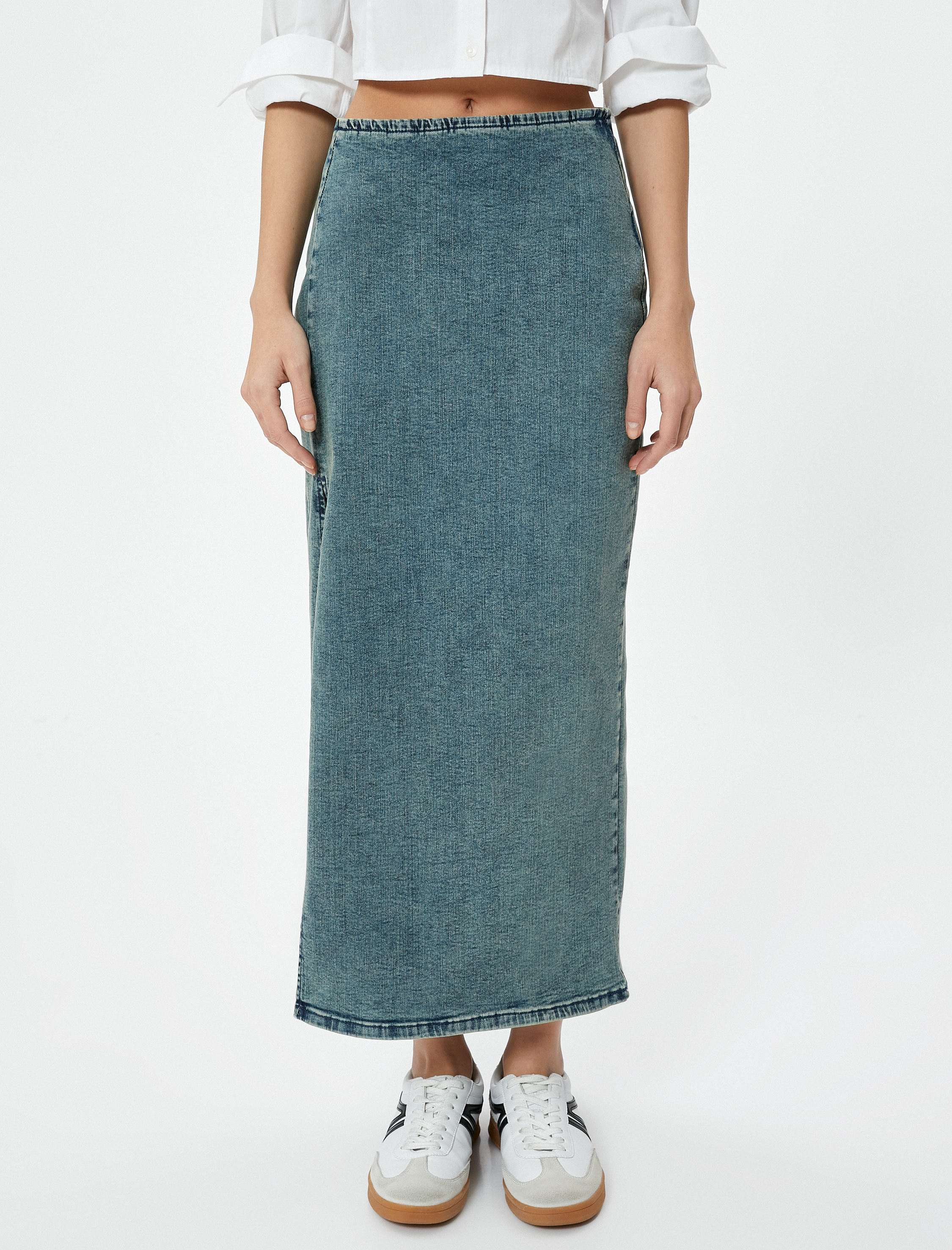   Uzun Kot Etek Yandan Yırtmaç Detaylı Yüksek Bel Pamuklu