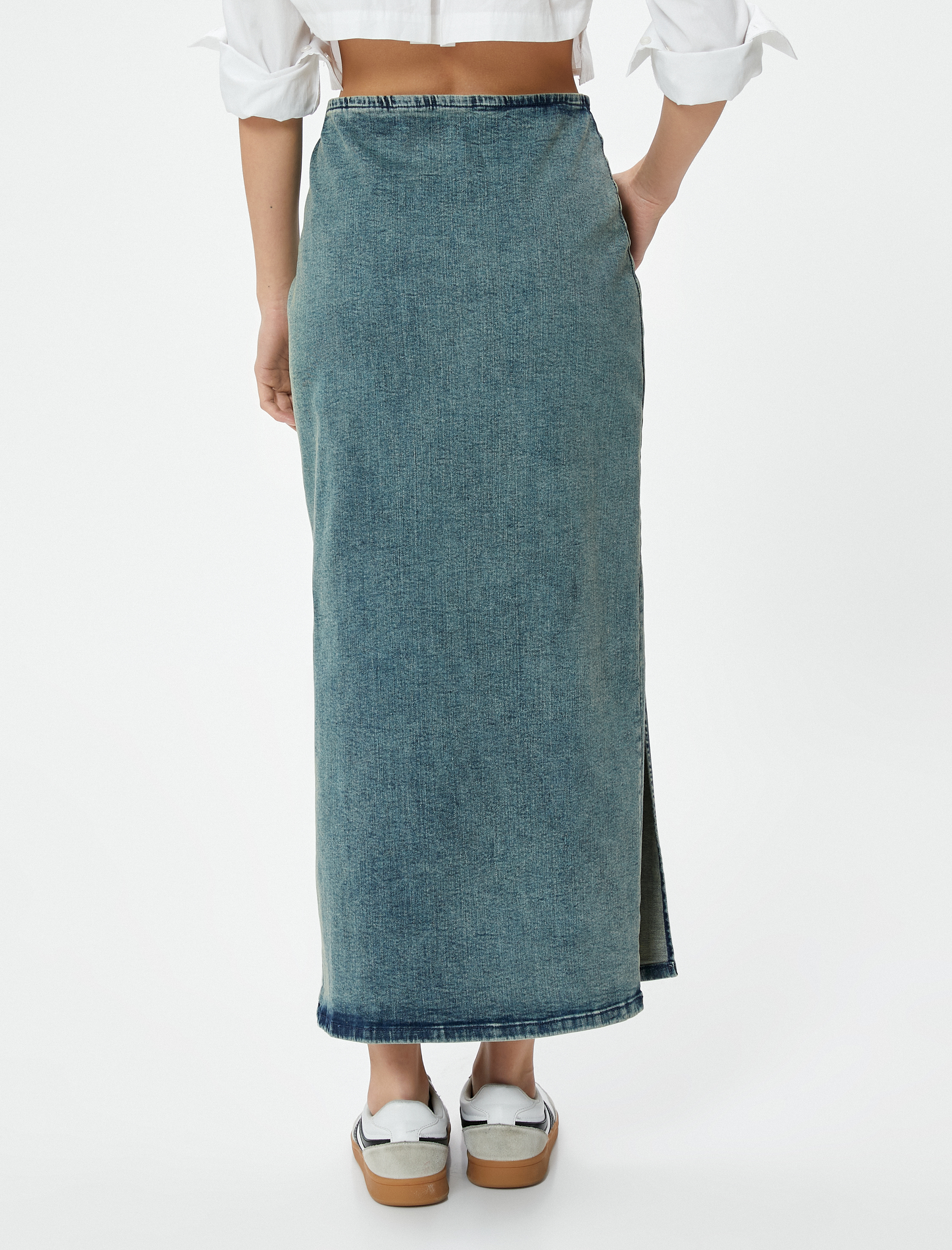   Uzun Kot Etek Yandan Yırtmaç Detaylı Yüksek Bel Pamuklu