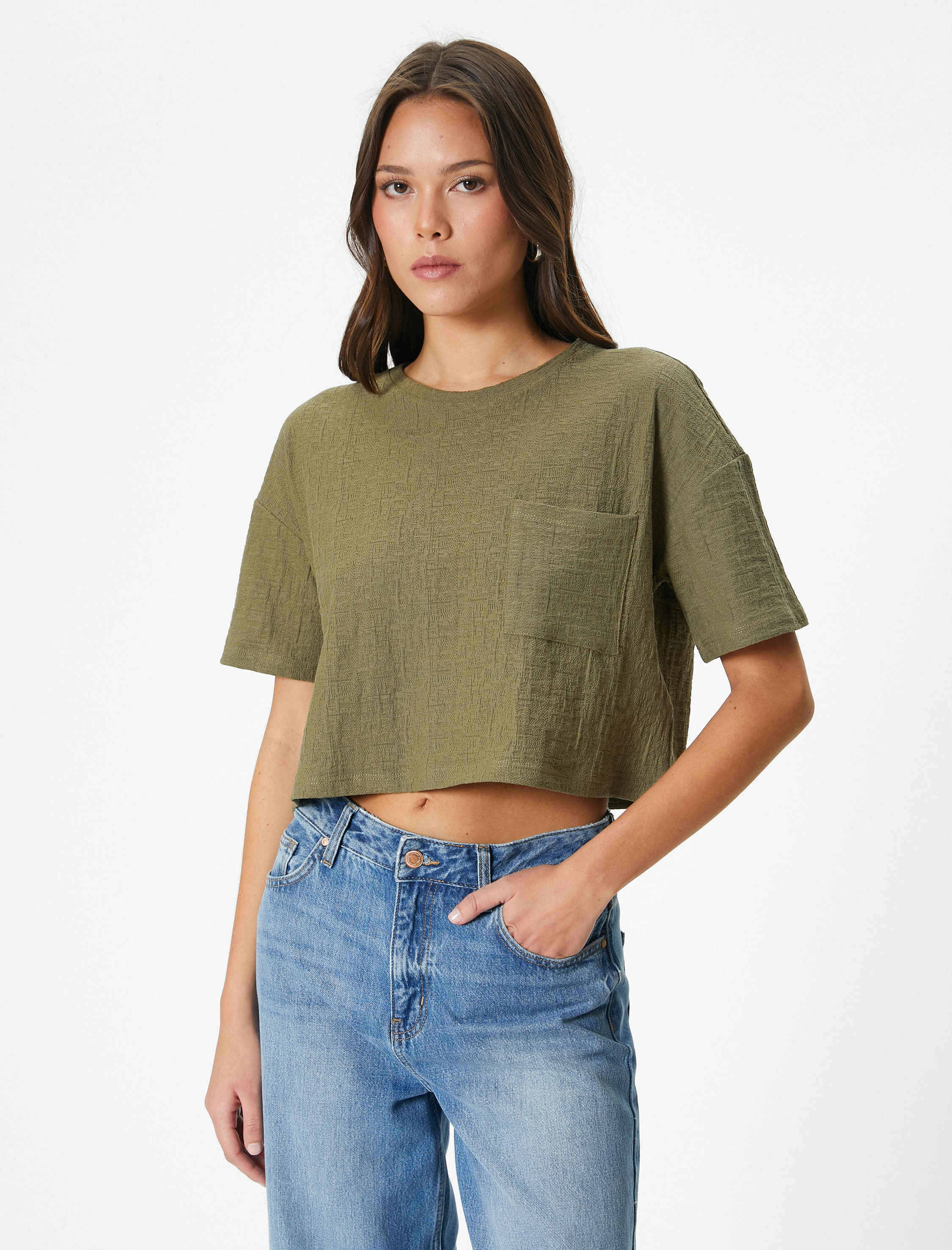   Crop Tişört Kısa Kollu Bisiklet Yaka Cepli Pamuklu