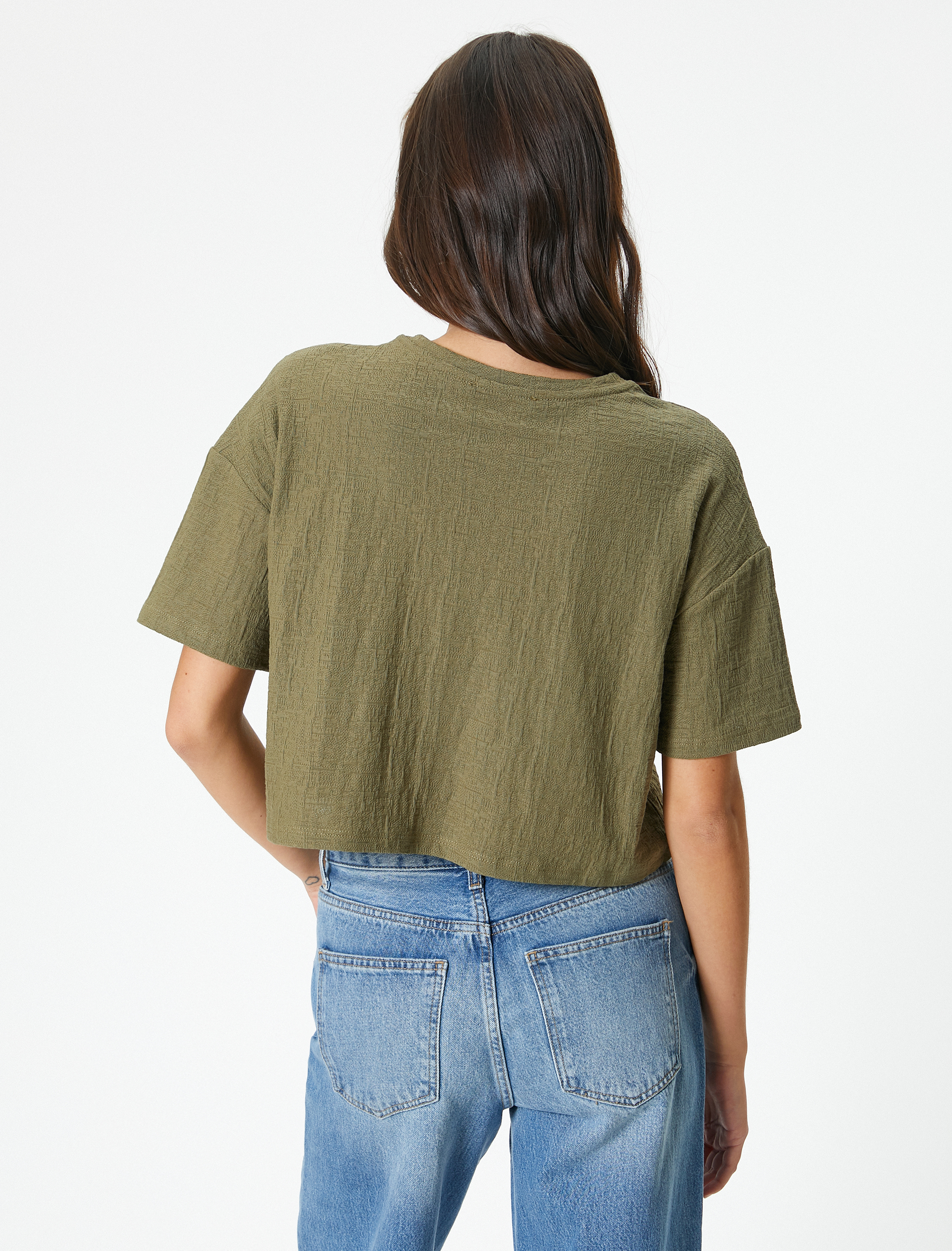   Crop Tişört Kısa Kollu Bisiklet Yaka Cepli Pamuklu