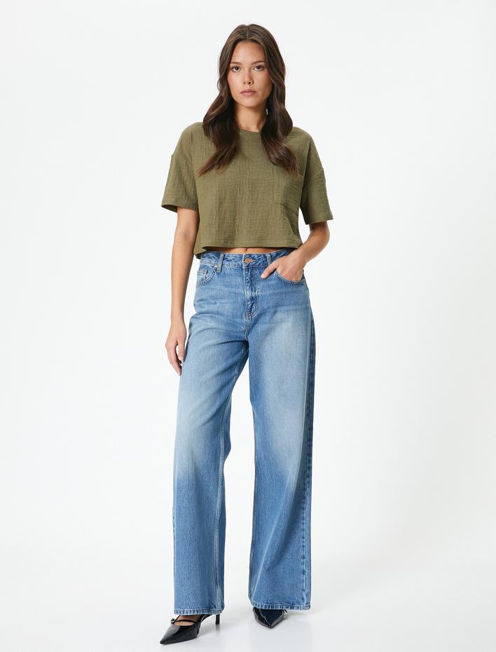  Crop Tişört Kısa Kollu Bisiklet Yaka Cepli Pamuklu