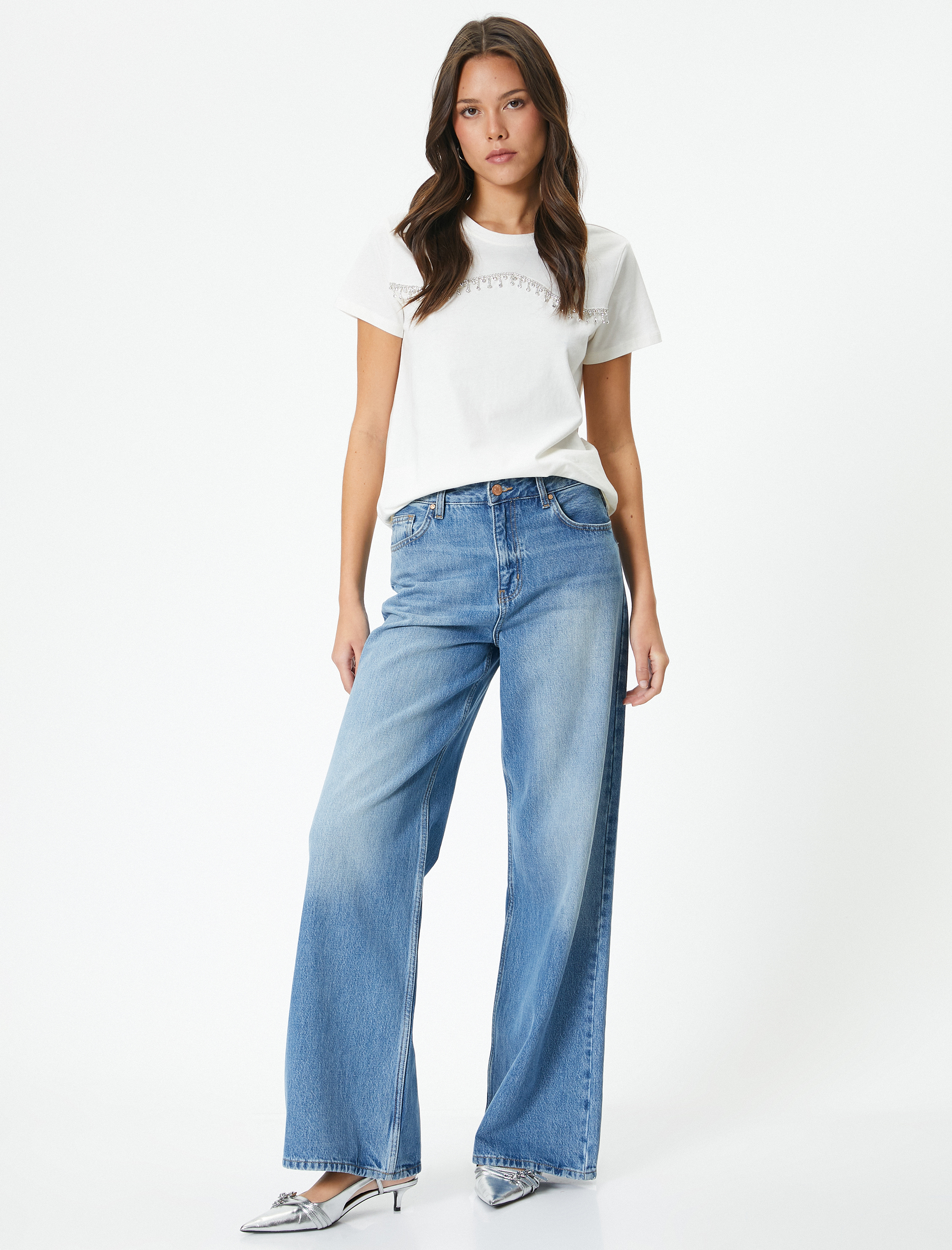   Parlak Taşlı Tişört Kısa Kollu Bisiklet Yaka Pamuklu