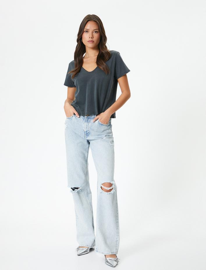  V Yaka Tişört Yıkamalı Kısa Kollu Pamuklu