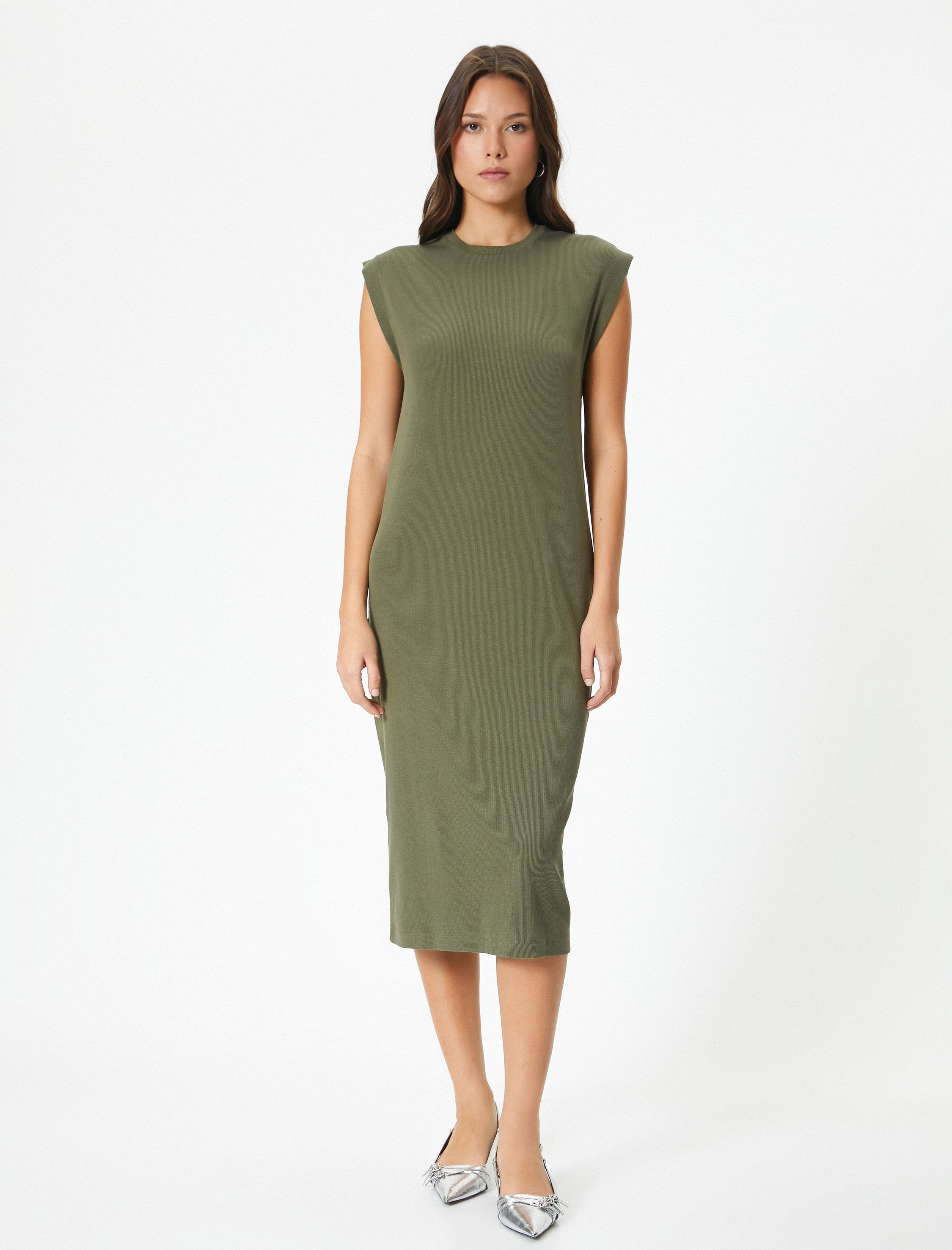   Yuvarlak Yaka Kap Kol Pamuklu Midi Boy Fitilli Elbise