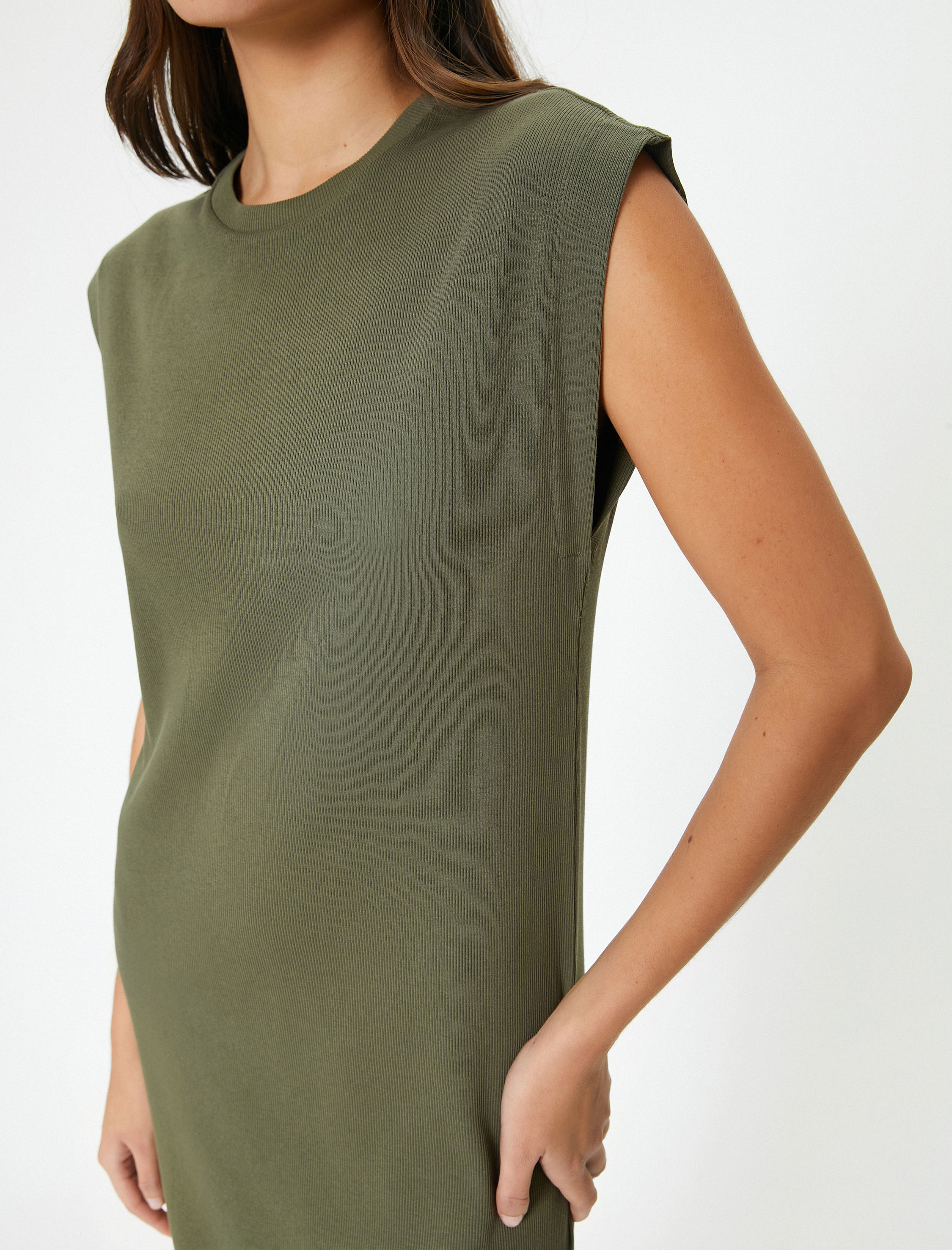   Yuvarlak Yaka Kap Kol Pamuklu Midi Boy Fitilli Elbise