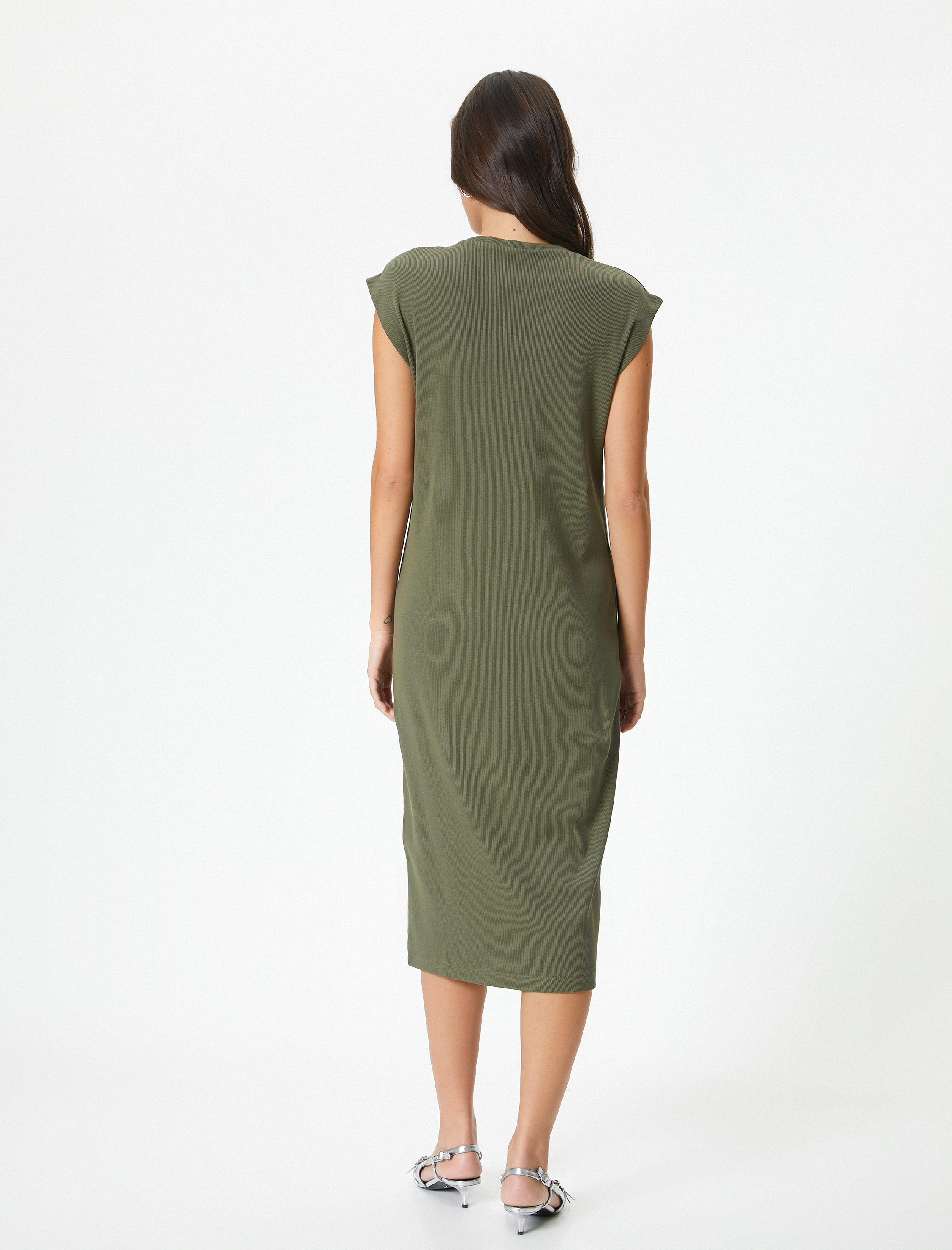   Yuvarlak Yaka Kap Kol Pamuklu Midi Boy Fitilli Elbise