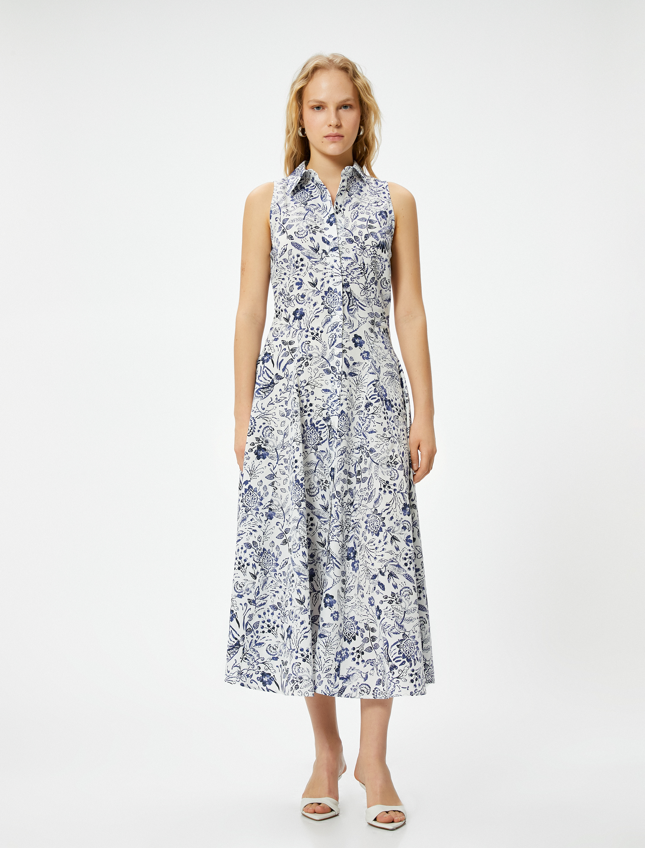   Çiçekli Gömlek Elbise Midi Düğmeli Kolsuz