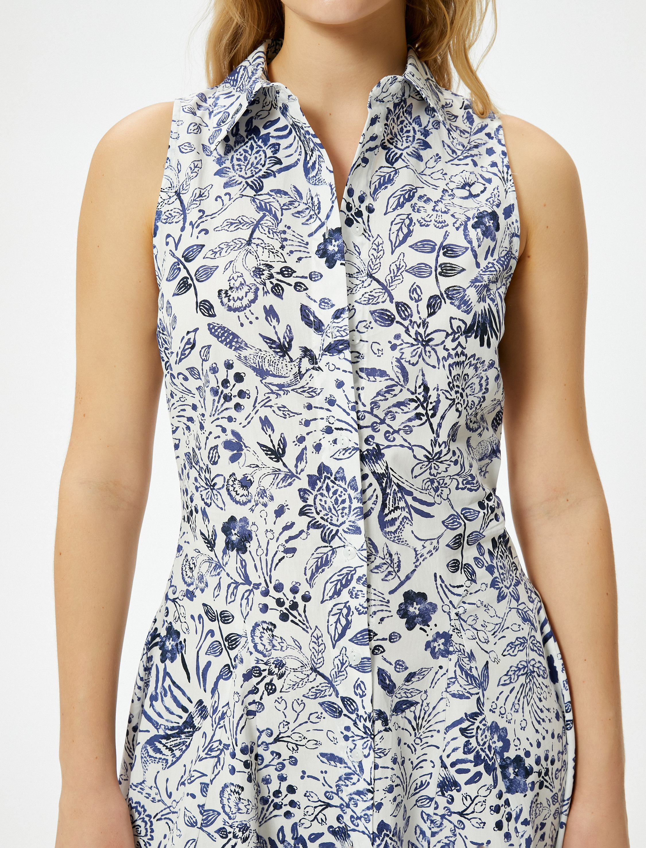   Çiçekli Gömlek Elbise Midi Düğmeli Kolsuz