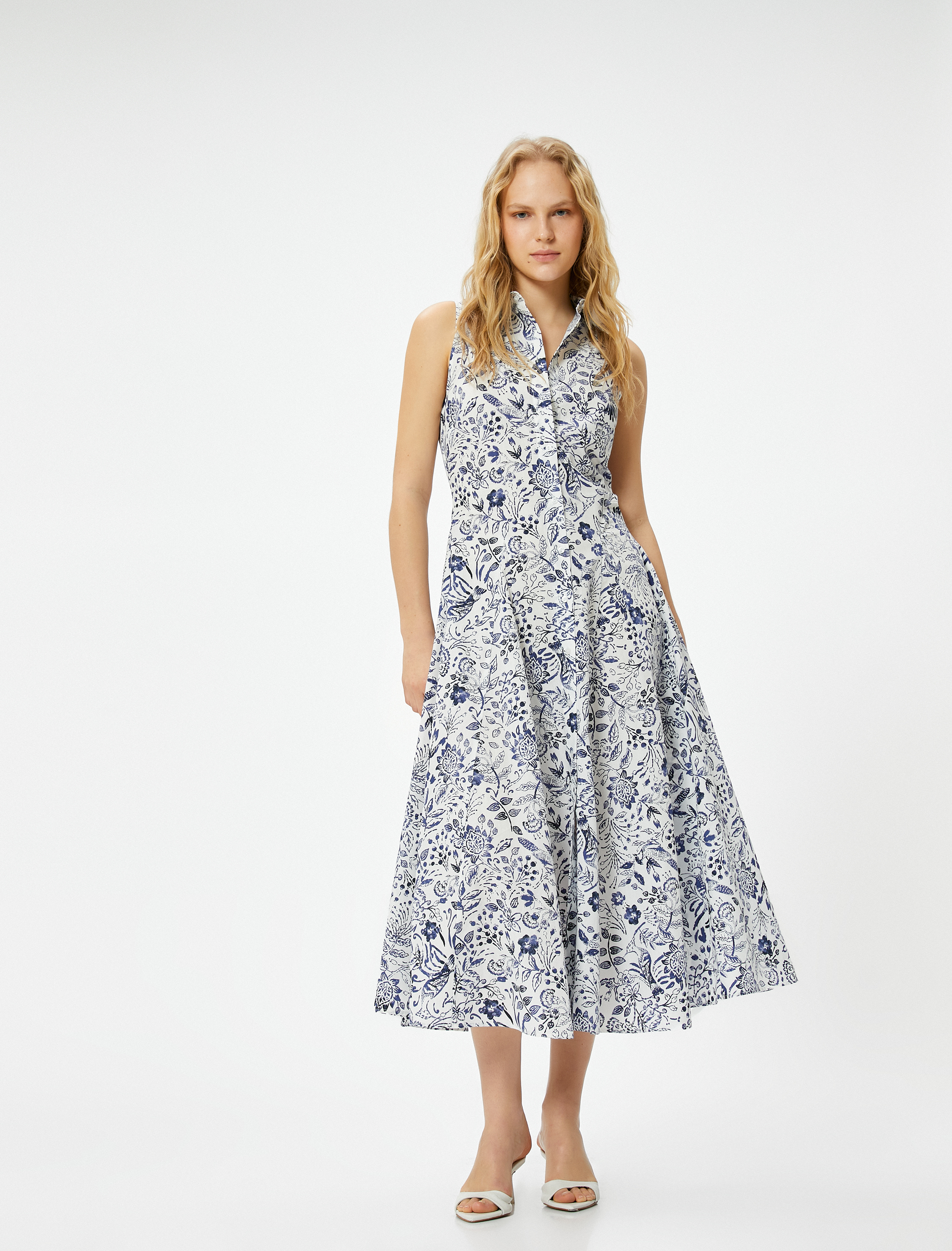   Çiçekli Gömlek Elbise Midi Düğmeli Kolsuz