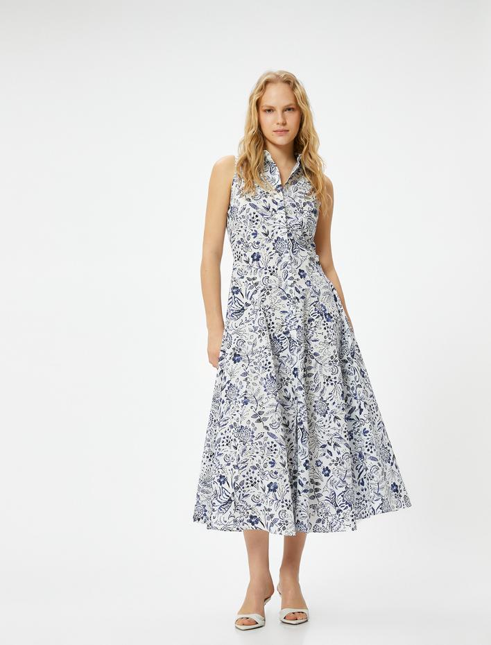  Çiçekli Gömlek Elbise Midi Düğmeli Kolsuz