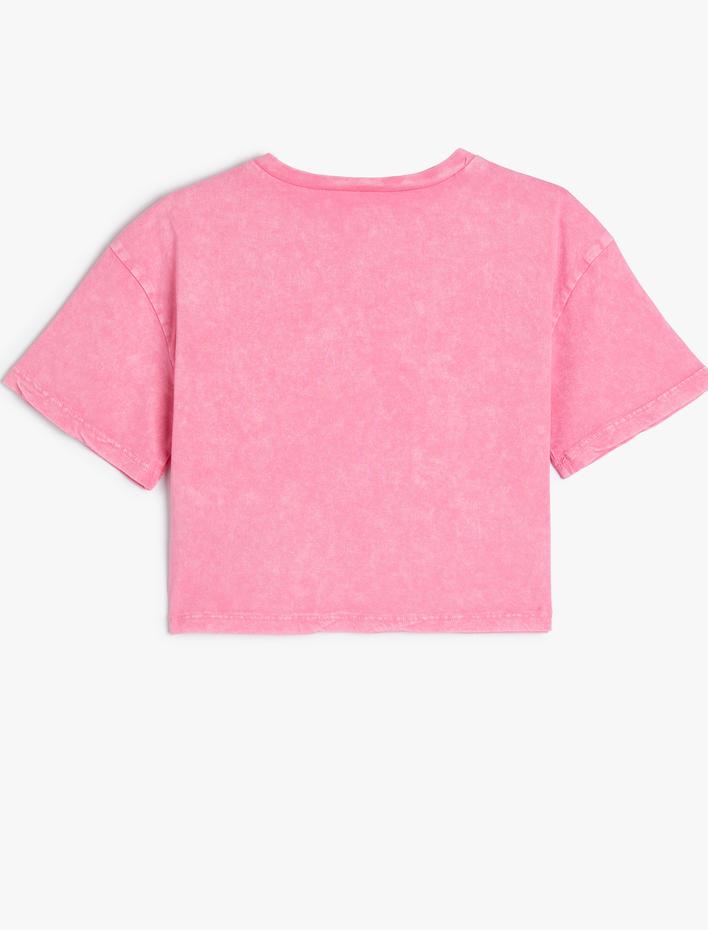 Kız Çocuk Crop Tişört Tropik Baskılı Kısa Kollu Bisiklet Yaka Pamuklu