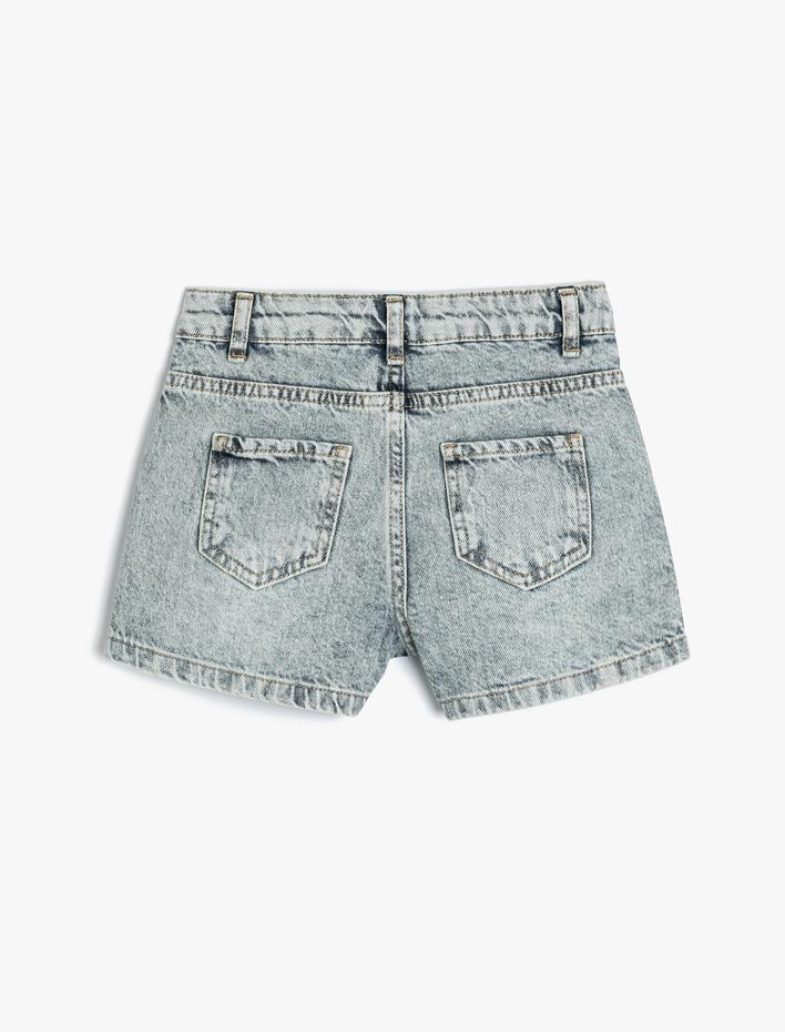 Kız Çocuk Mini Kot Şort Taş Baskılı Cepli Pamuklu