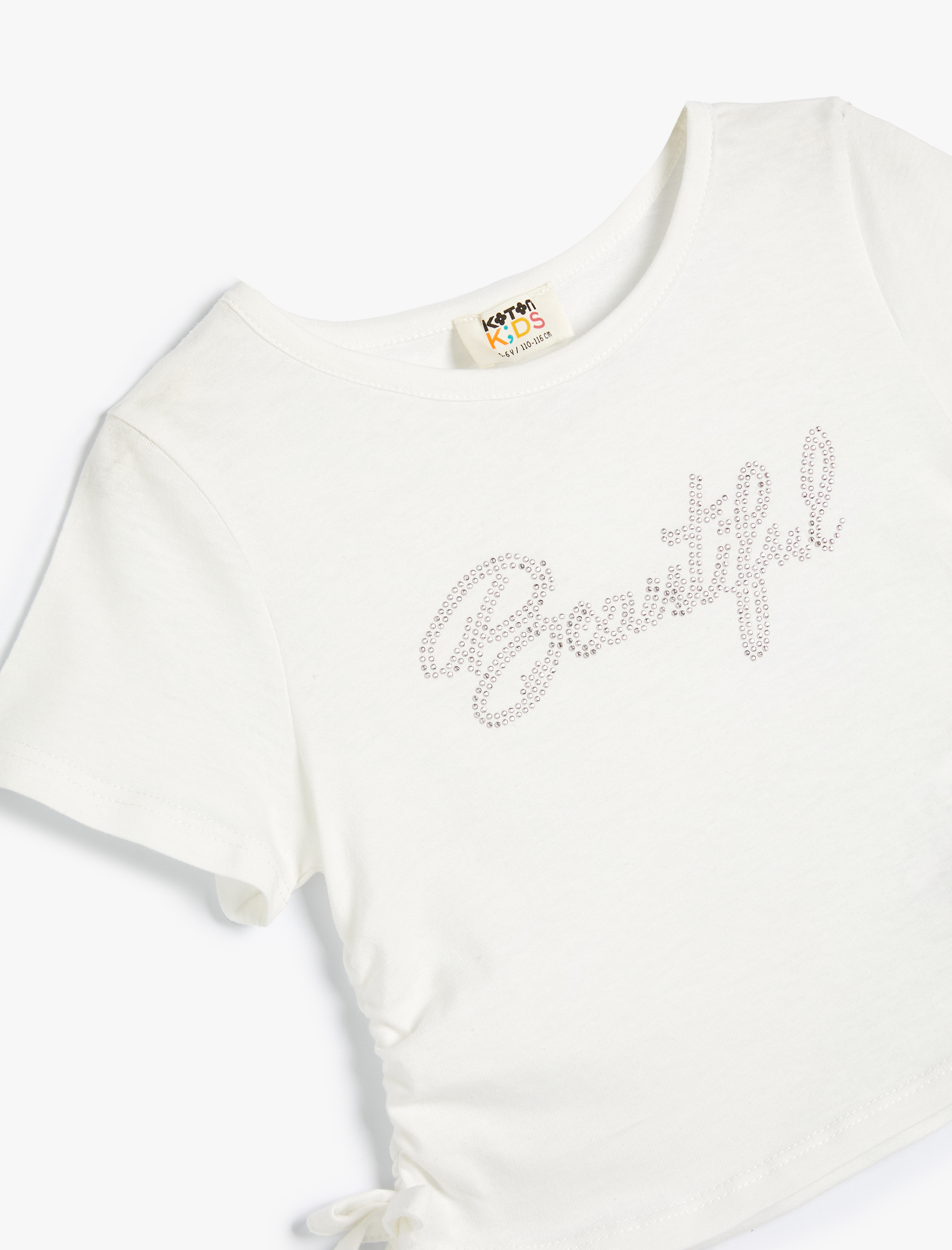  Kız Çocuk Crop Tişört Pul Detaylı Büzgülü Kısa Kollu Pamuklu