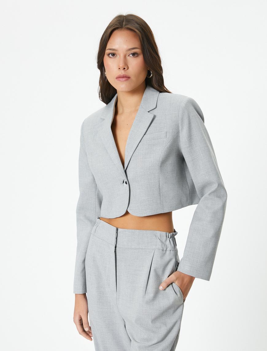   Crop Blazer Ceket Tek Düğmeli Cep Detaylı