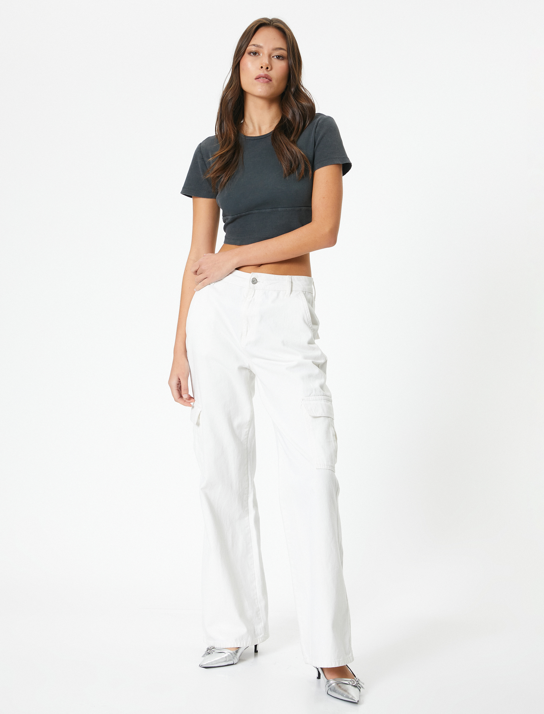   Crop Tişört Kısa Kollu Bisiklet Yaka Fitilli