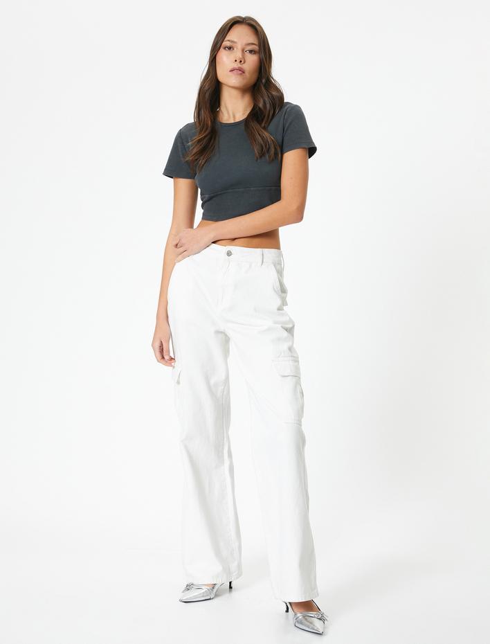  Crop Tişört Kısa Kollu Bisiklet Yaka Fitilli