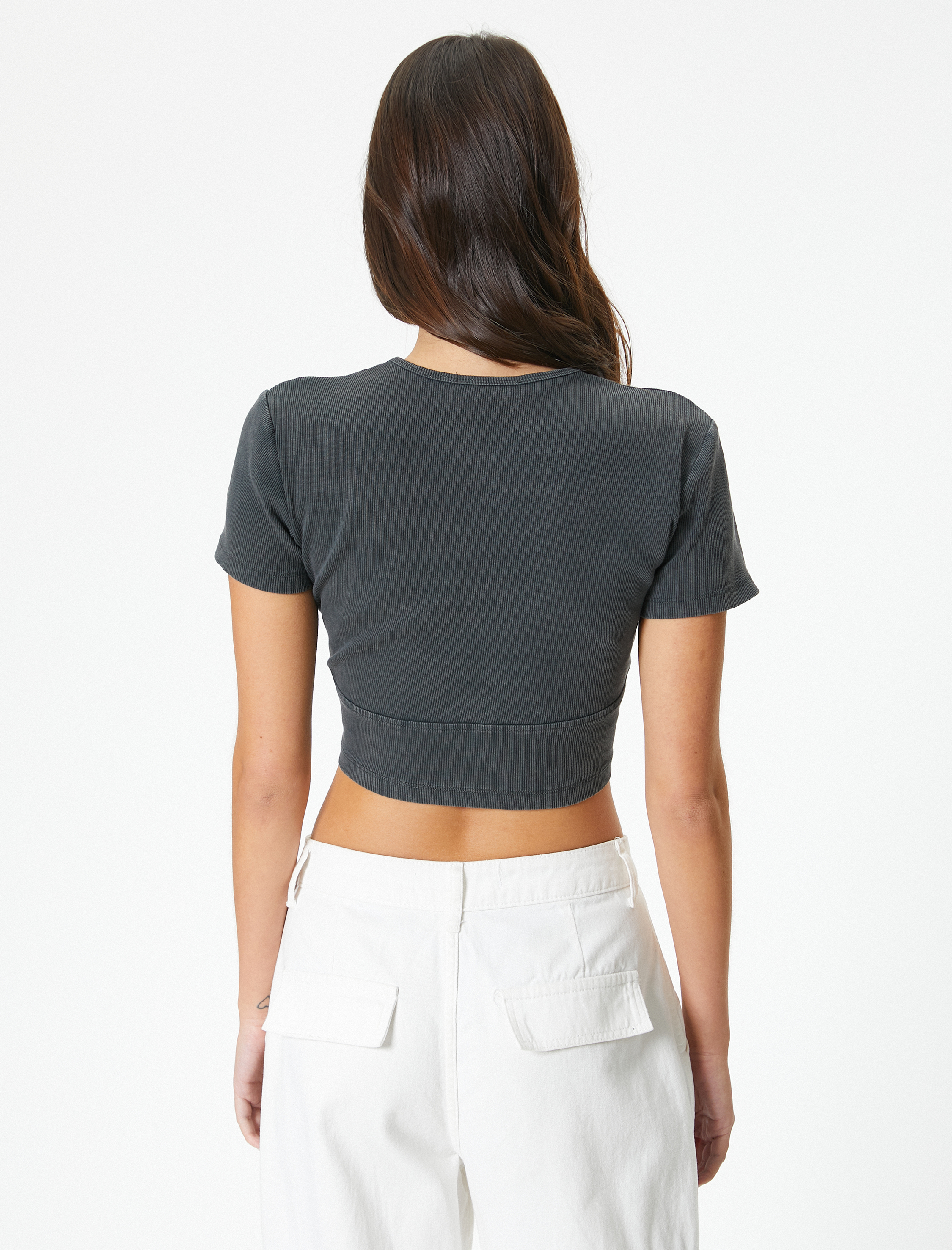   Crop Tişört Kısa Kollu Bisiklet Yaka Fitilli