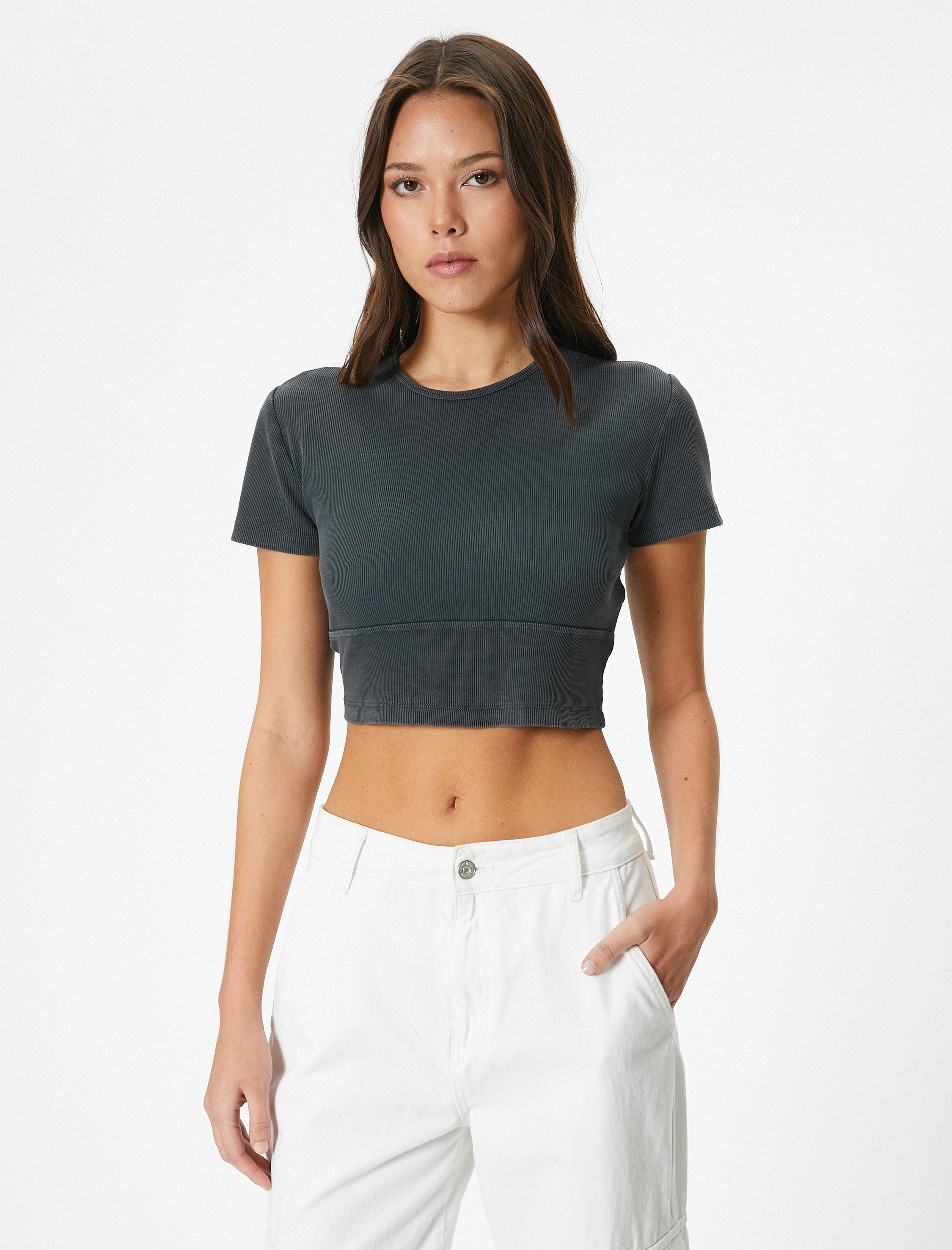   Crop Tişört Kısa Kollu Bisiklet Yaka Fitilli