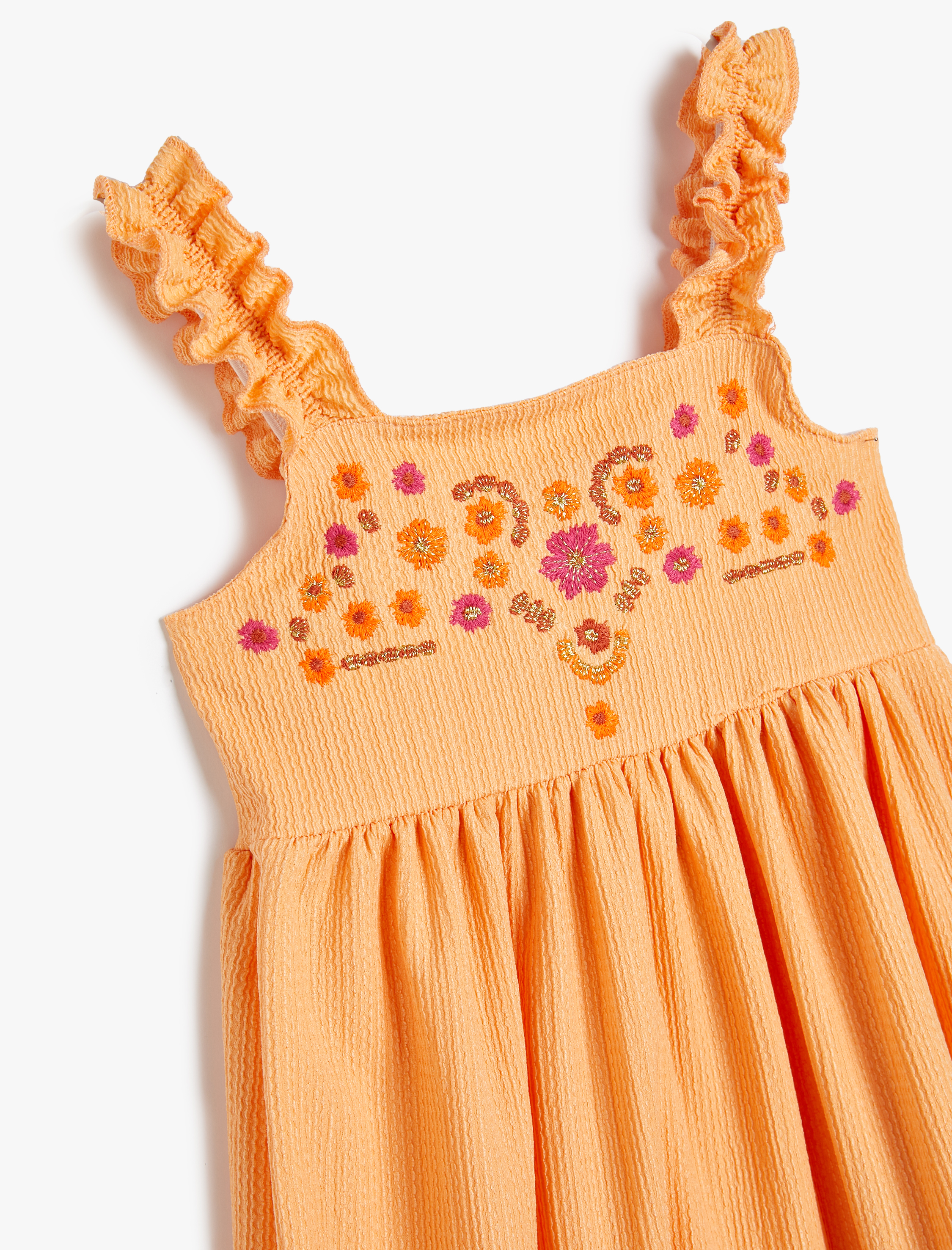  Kız Çocuk Elbise Askılı Fırfırlı Midi Boy Çiçek İşlemeli