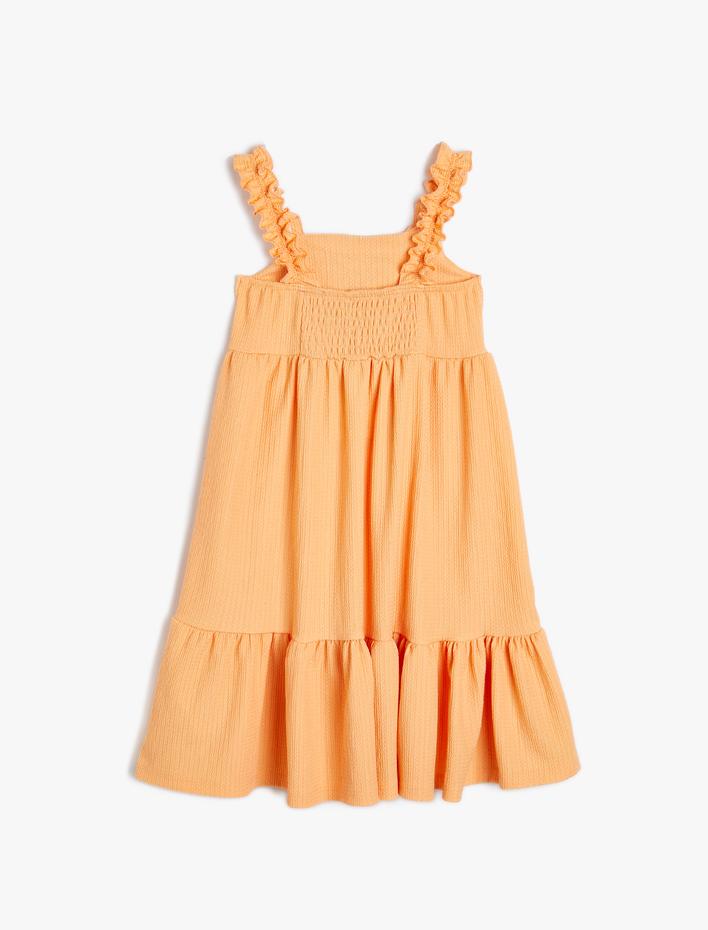 Kız Çocuk Elbise Askılı Fırfırlı Midi Boy Çiçek İşlemeli