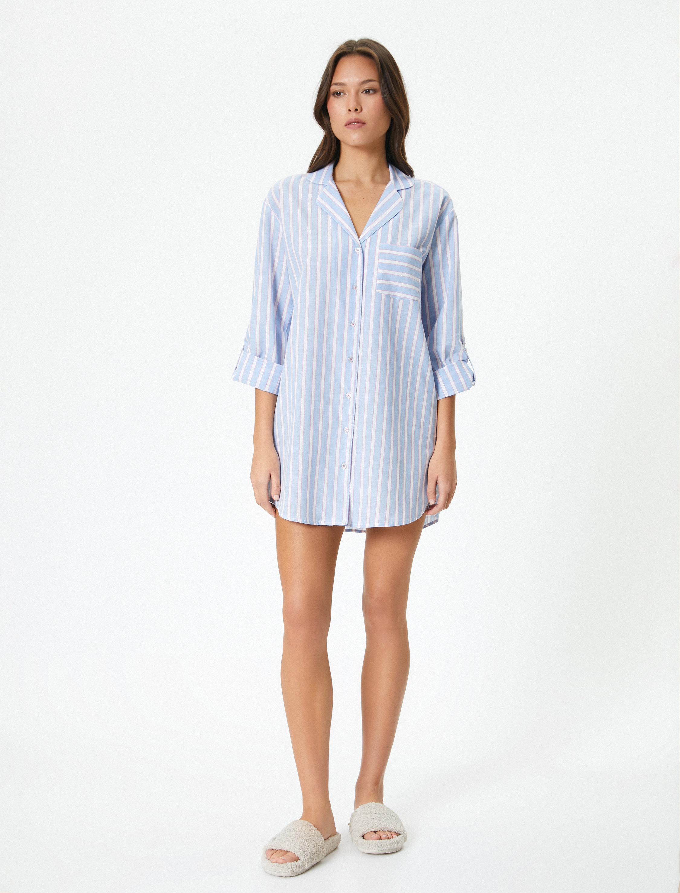   Pamuklu Gecelik Düğmeli Gömlek Yaka Cepli Katlamalı Kollu