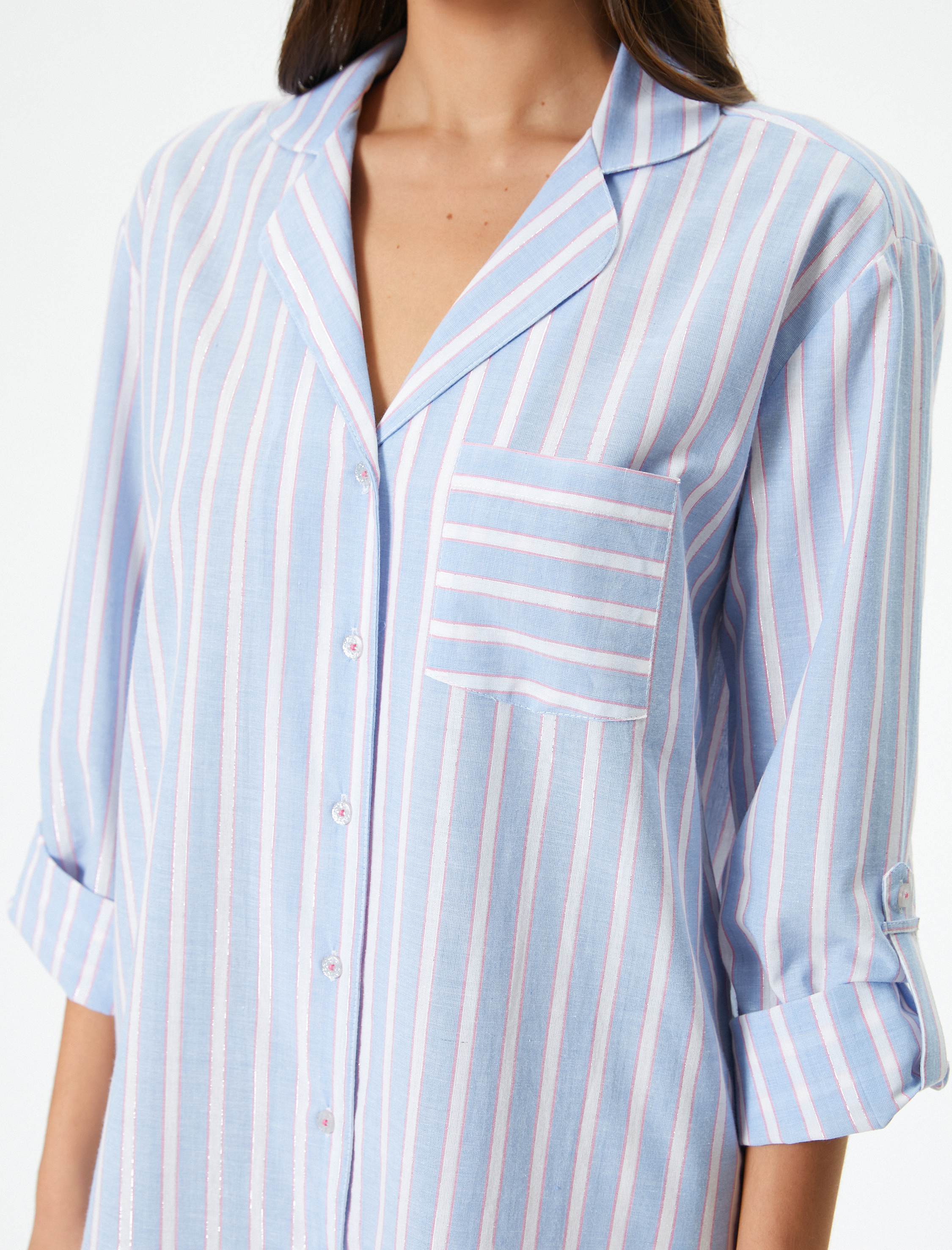   Pamuklu Gecelik Düğmeli Gömlek Yaka Cepli Katlamalı Kollu