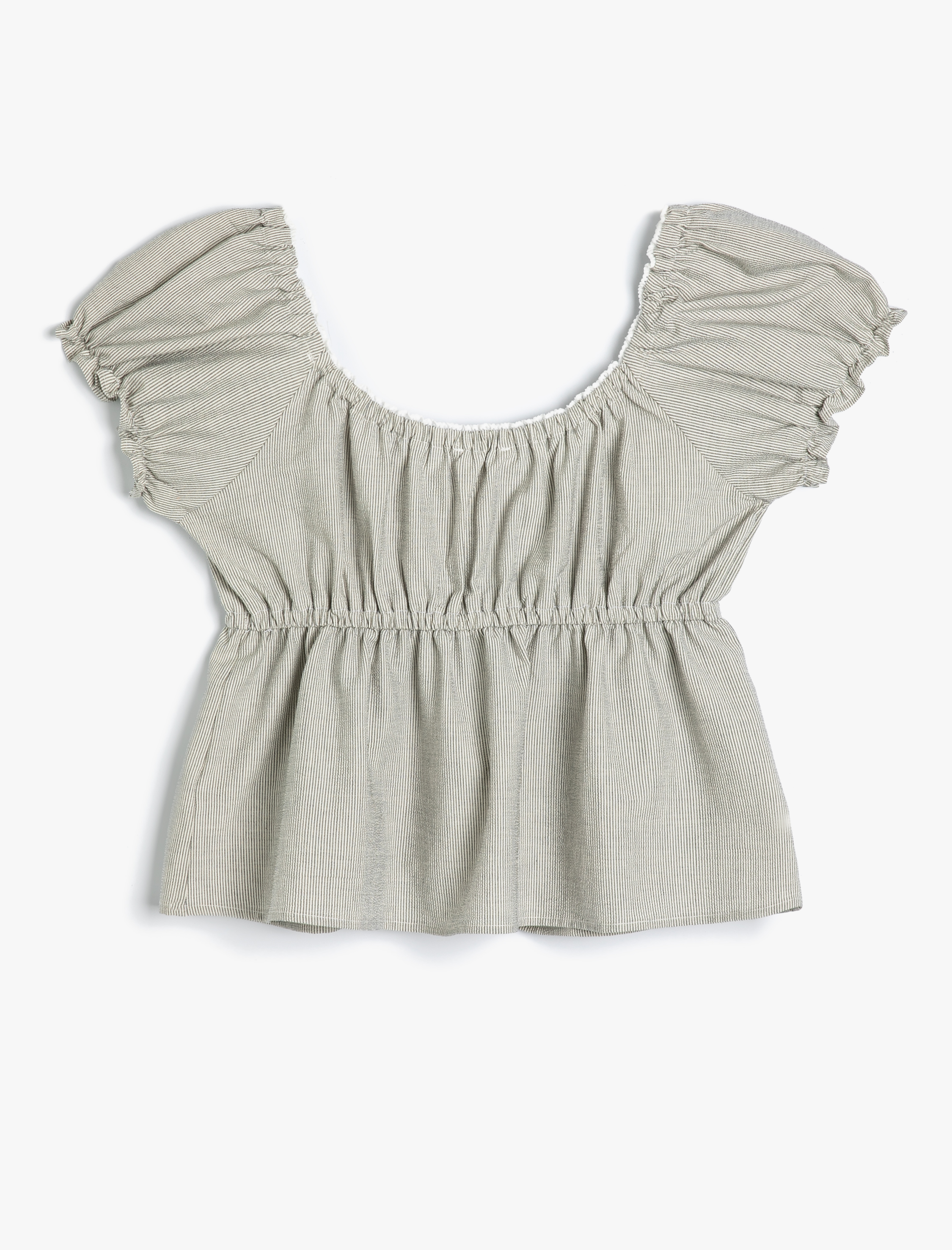   Balon Kol Poplin Bluz Kısa Kollu Yuvarlak Yaka Düğmeli Pamuklu Slim Fit