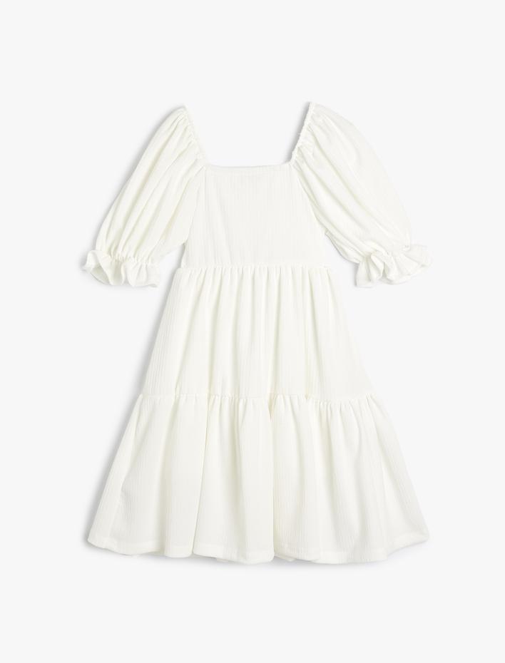 Kız Çocuk Elbise Kısa Kollu Fırfırlı Midi Boy Kare Yaka