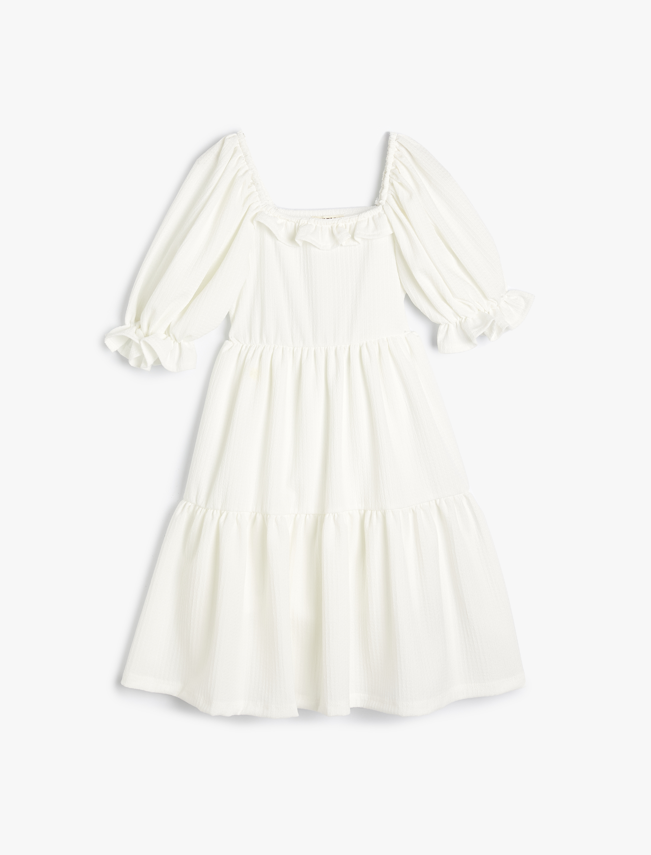  Kız Çocuk Elbise Kısa Kollu Fırfırlı Midi Boy Kare Yaka