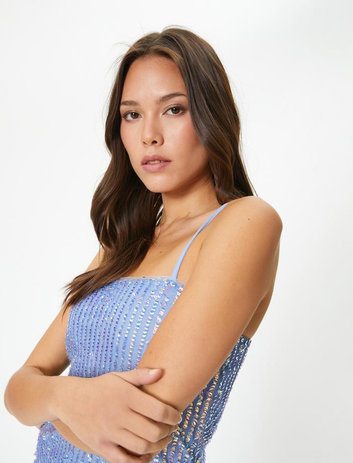  Pullu Payetli Mini Abiye Elbise İnce Askılı Slim Fit